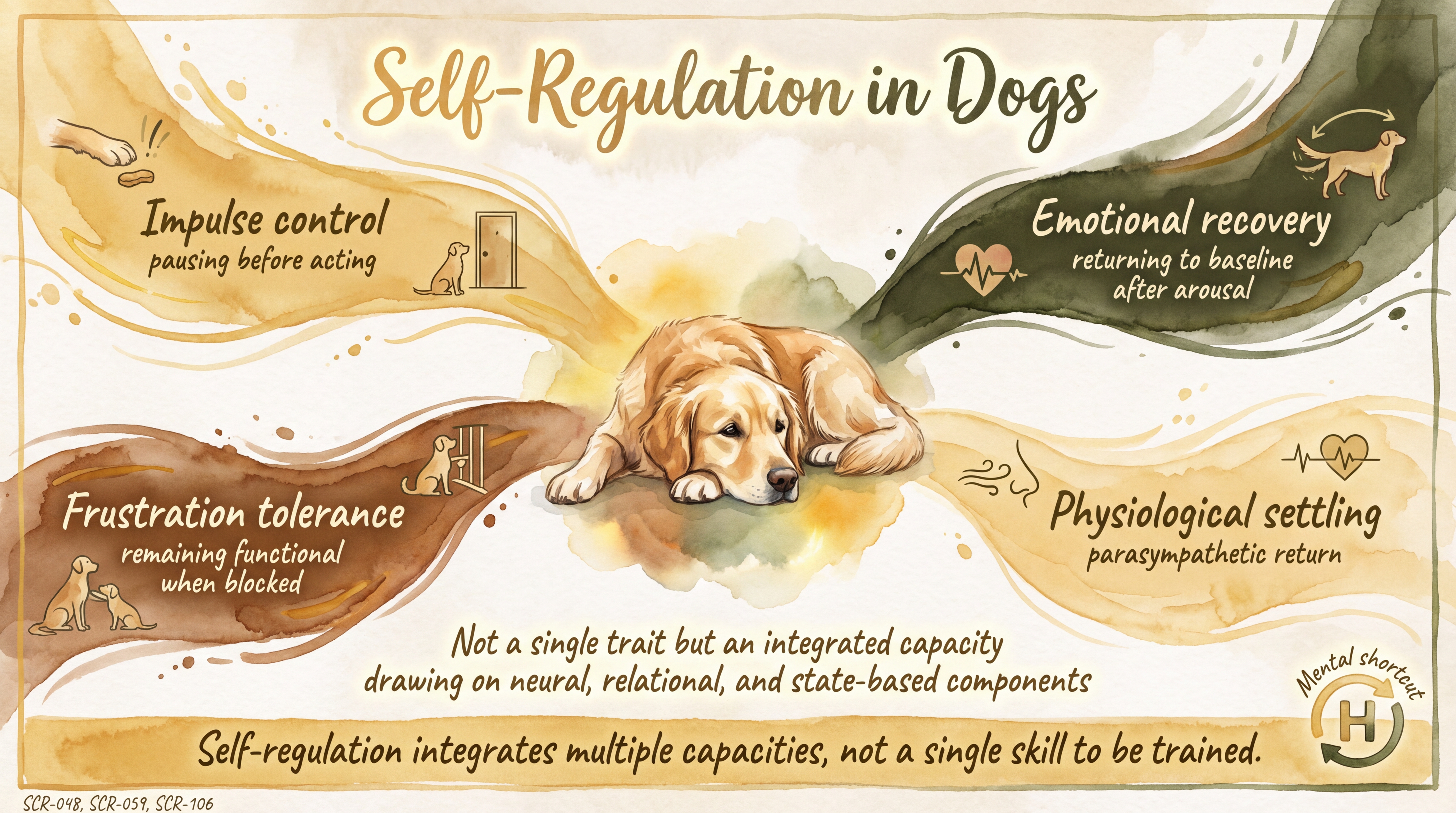 Infographic: Self-regulation in dogs showing four component streams converging on regulated state - Just Behaving Wiki