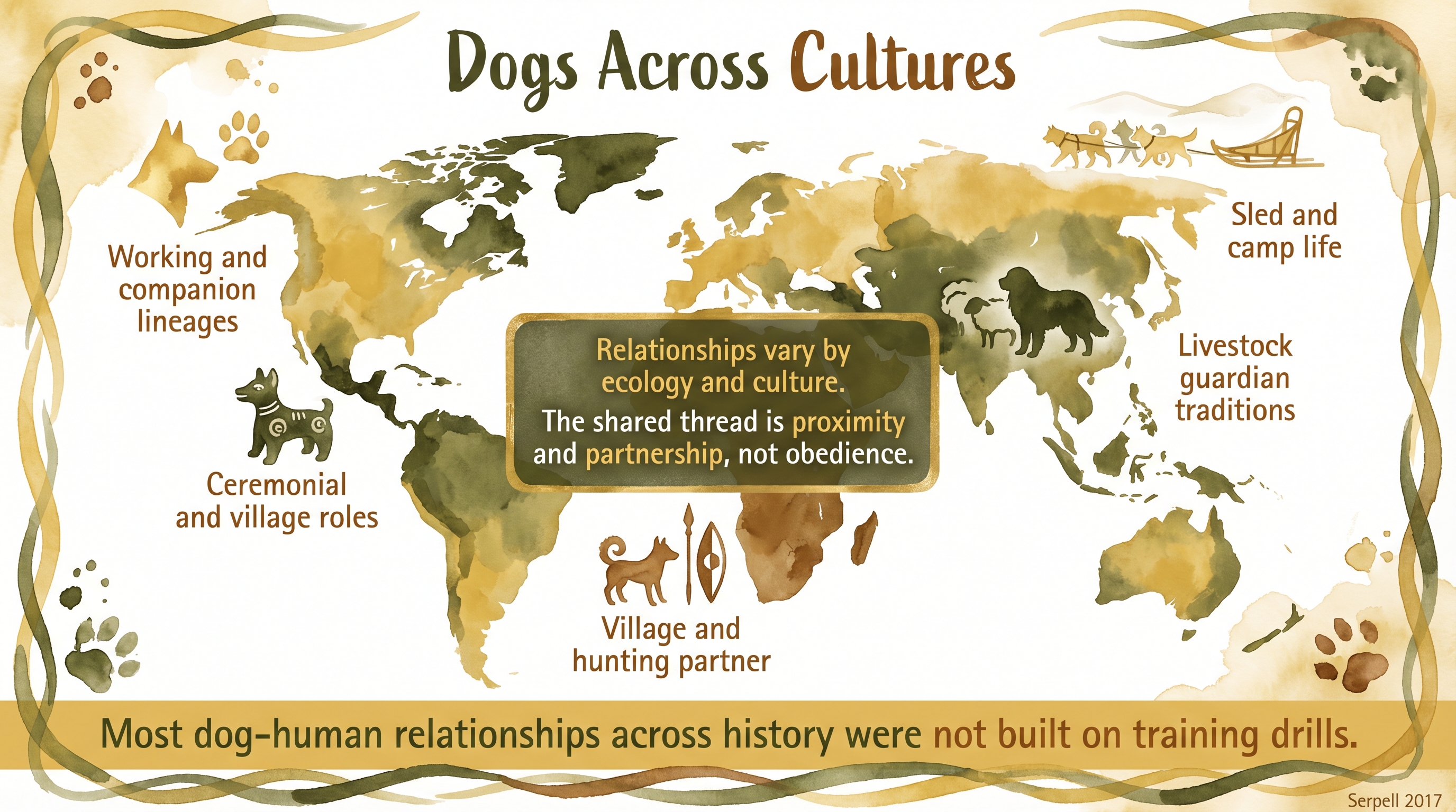 Infographic: Cross-cultural human-dog relationships - five regional traditions showing the shared thread of proximity and partnership over obedience - Just Behaving Wiki