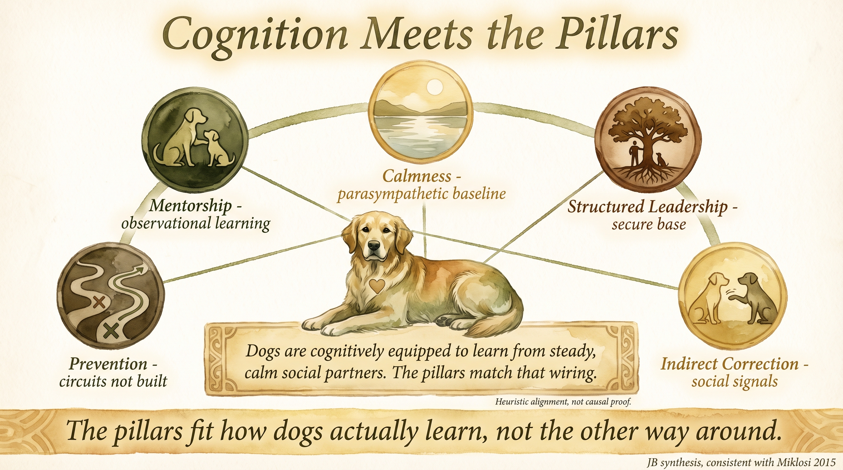Infographic: Dog cognition and the Five Pillars - how canine social learning wiring aligns with mentorship, calmness, leadership, prevention, and correction - Just Behaving Wiki