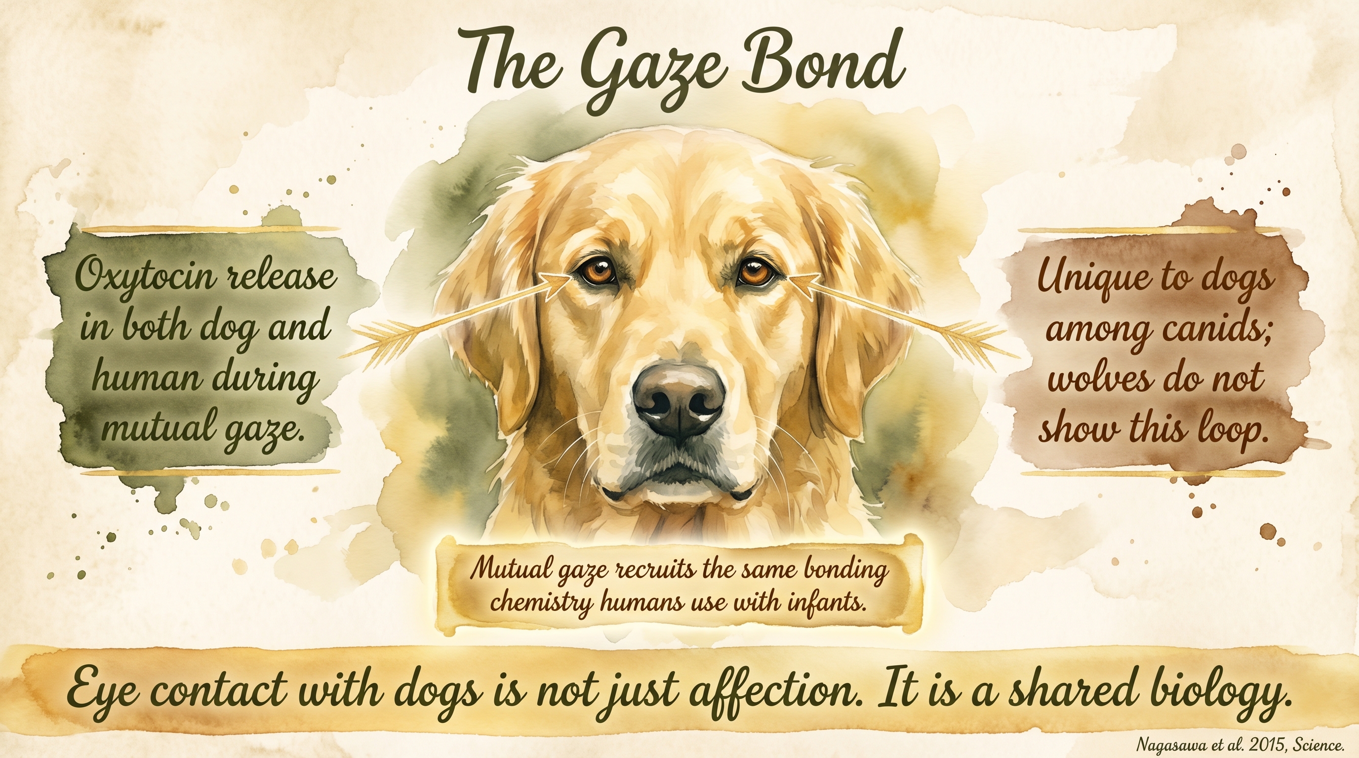 Infographic: Dog gaze and eye contact - mutual gaze recruits oxytocin in both dog and human, a pattern unique among canids studied - Just Behaving Wiki