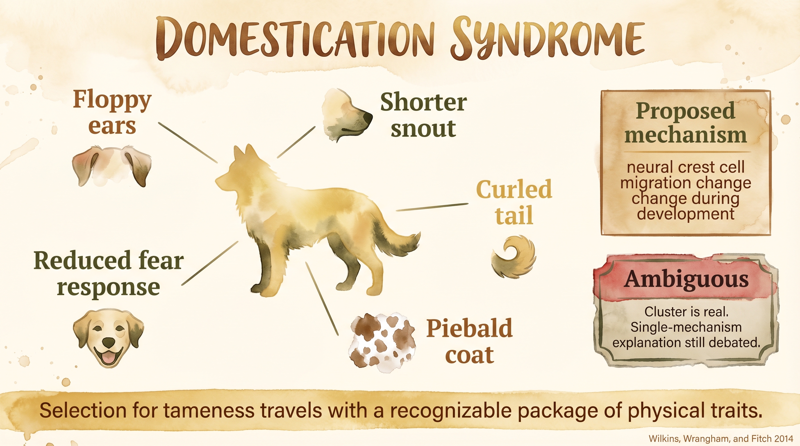 Infographic: Domestication syndrome - floppy ears, shorter snouts, curled tails, piebald coats, and reduced fear response as a trait cluster - Just Behaving Wiki