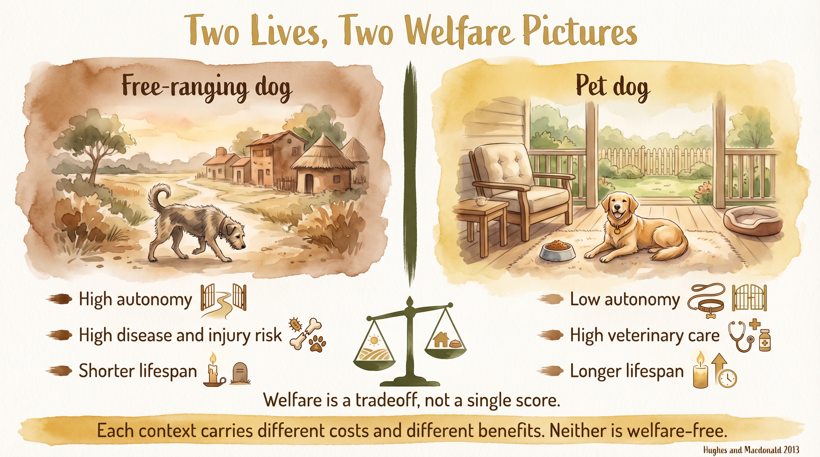 Infographic: Free-ranging dog welfare vs pet dog welfare - autonomy, disease risk, and lifespan as a welfare tradeoff, not a single score - Just Behaving Wiki