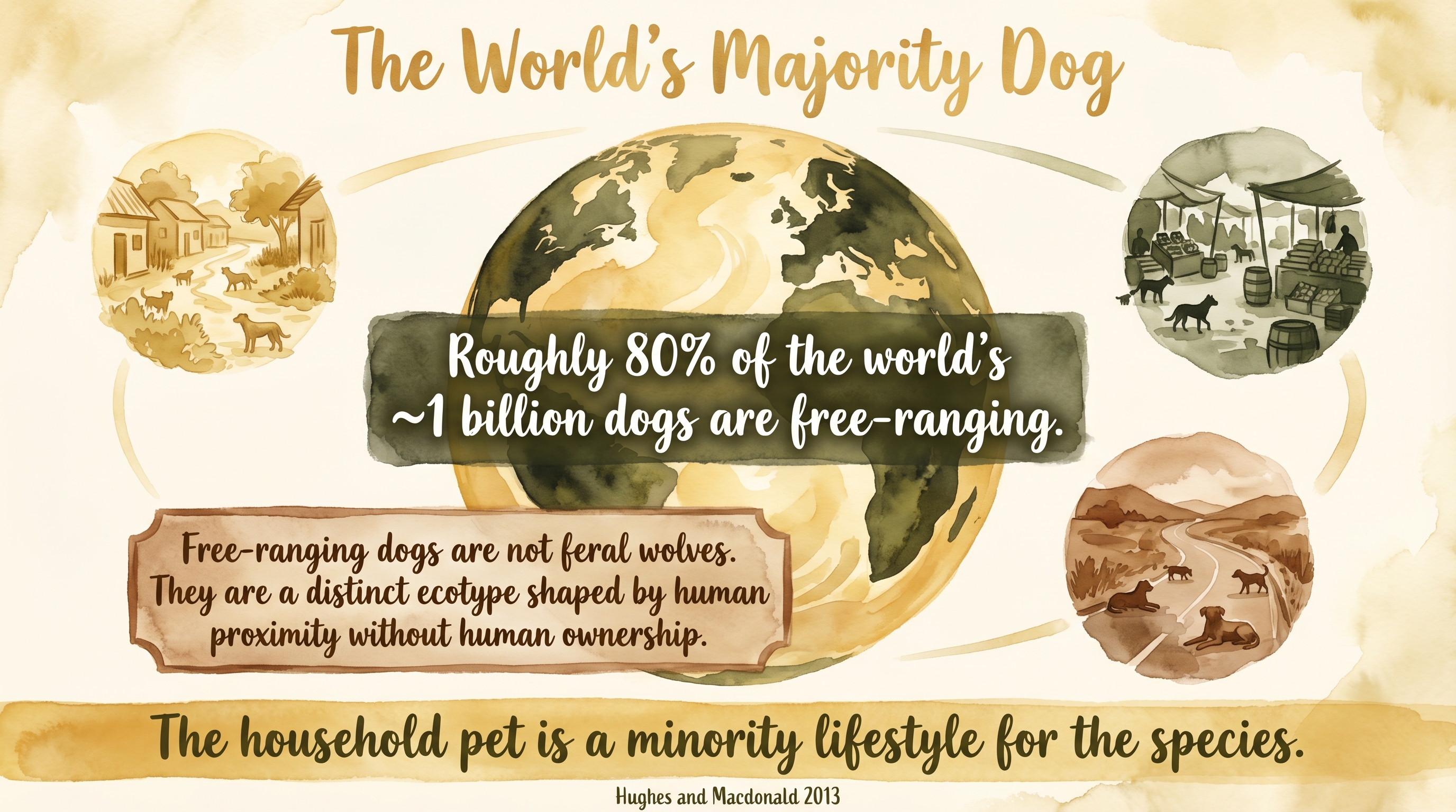 Infographic: Free-ranging dogs overview - roughly 80% of the world's one billion dogs live as a distinct ecotype shaped by human proximity without human ownership - Just Behaving Wiki