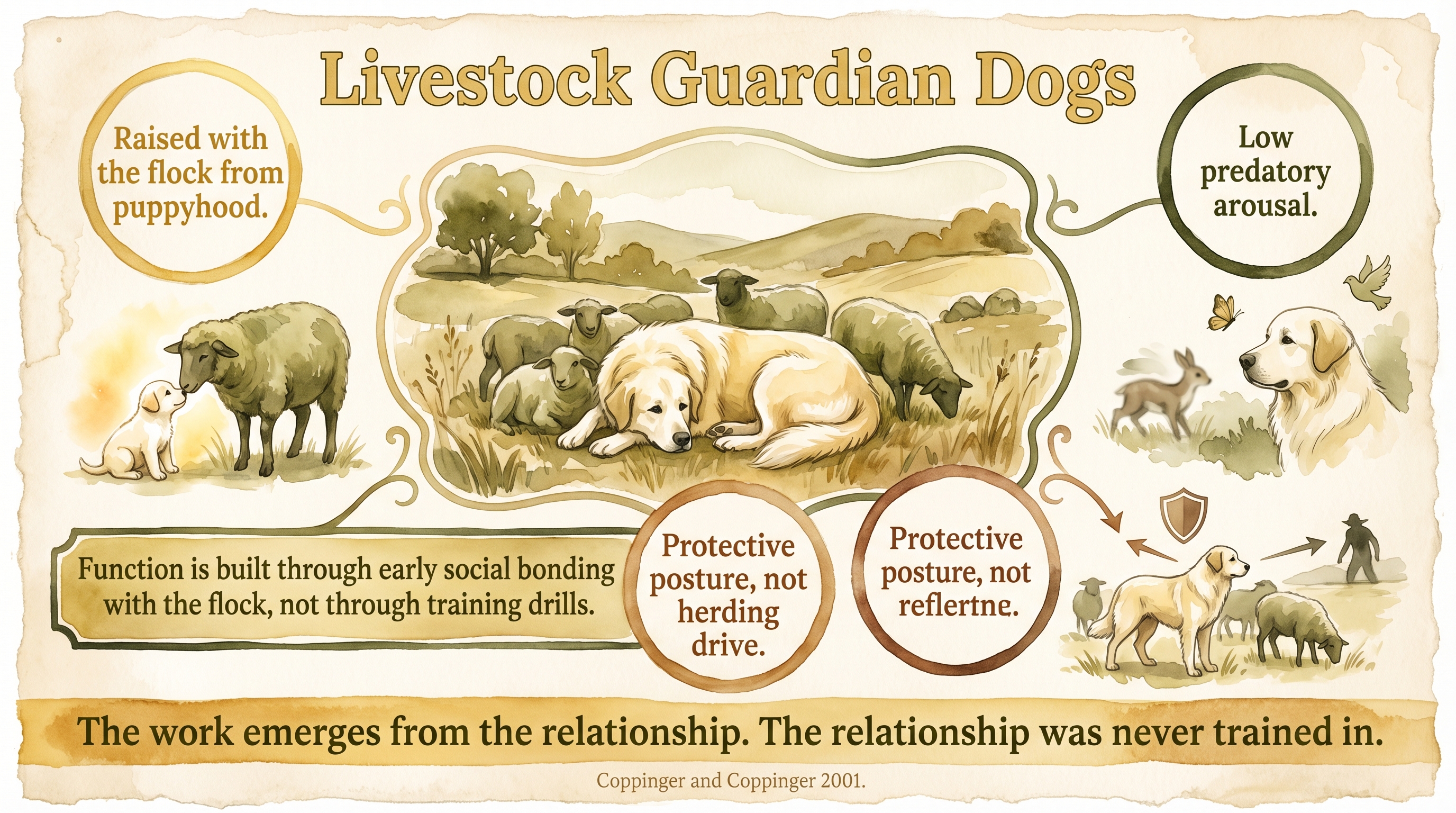 Infographic: Livestock guardian dog traditions - function built through early bonding with the flock, low predatory arousal, protective posture without herding drive - Just Behaving Wiki