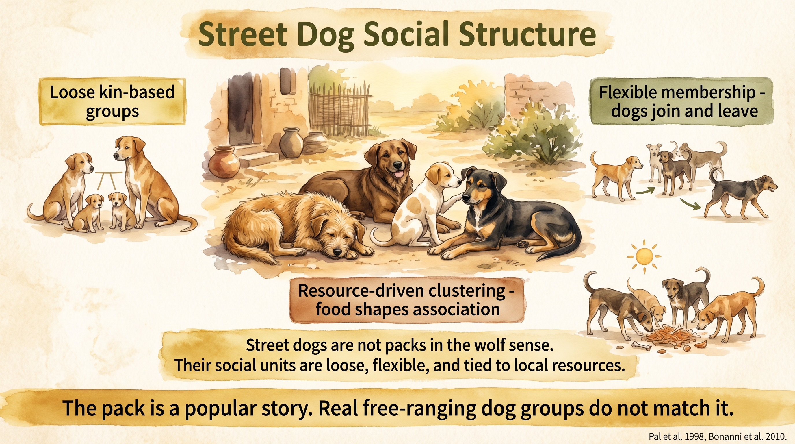 Infographic: Street dog social structure - loose kin-based groups with flexible membership, shaped by local resources rather than wolf-pack hierarchy - Just Behaving Wiki