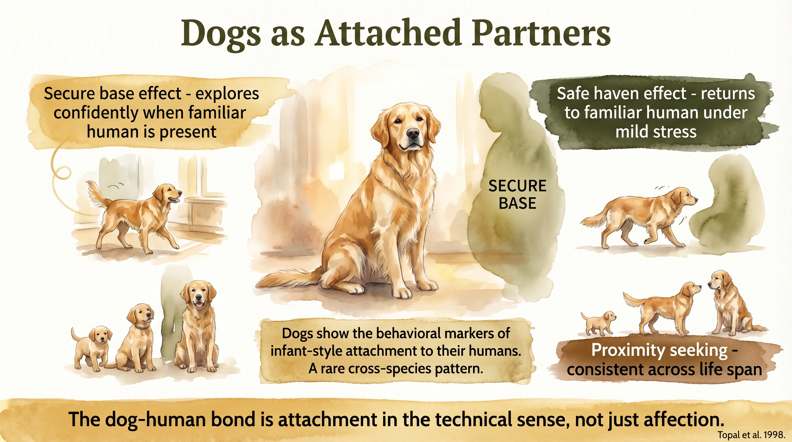 Infographic: Topal attachment research - secure base, safe haven, and proximity seeking as evidence that dogs form infant-style attachment to their humans - Just Behaving Wiki