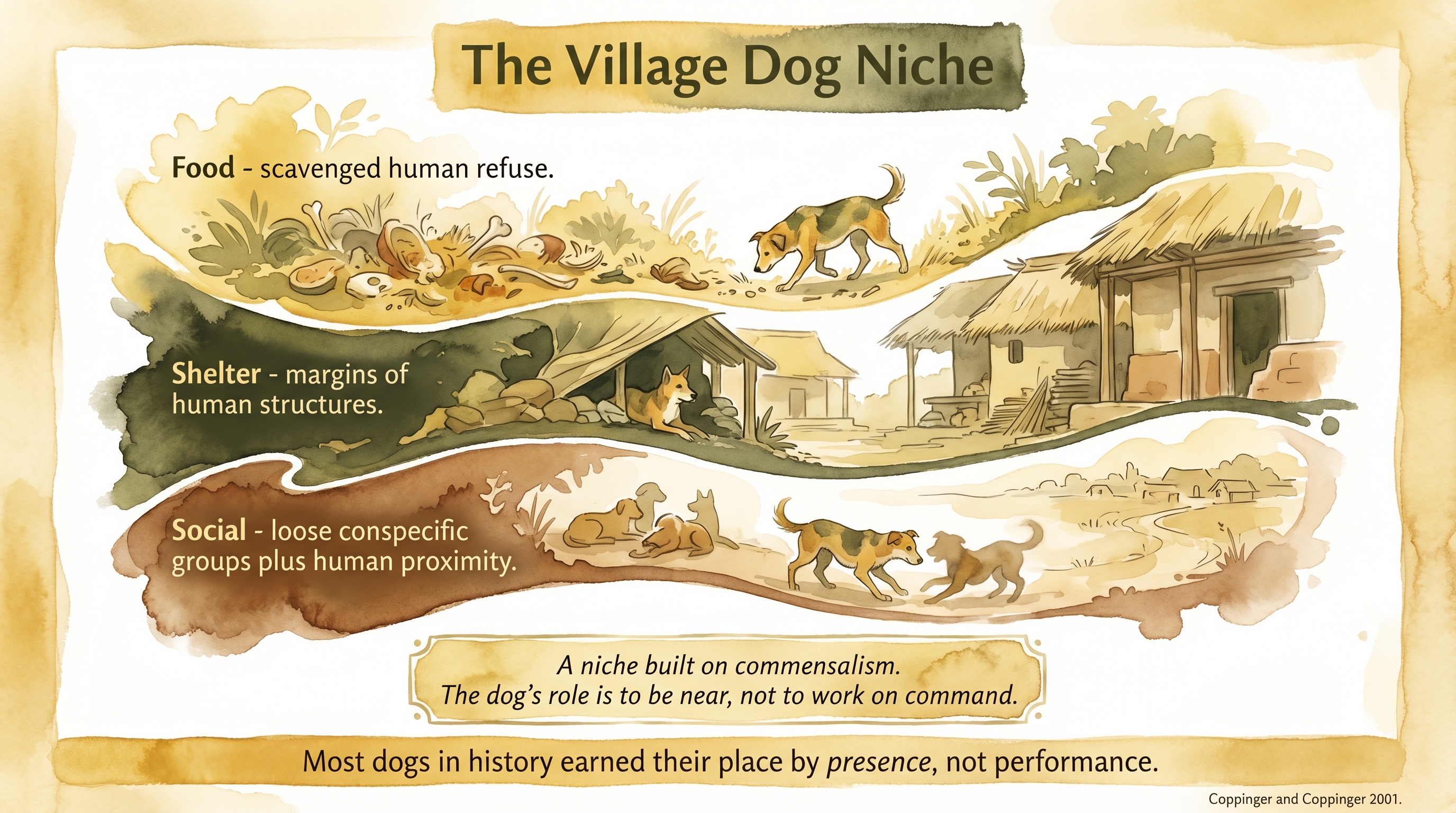 Infographic: Village dog ecology - a commensal niche built on scavenged food, marginal shelter, and loose social structure at the edge of human settlements - Just Behaving Wiki
