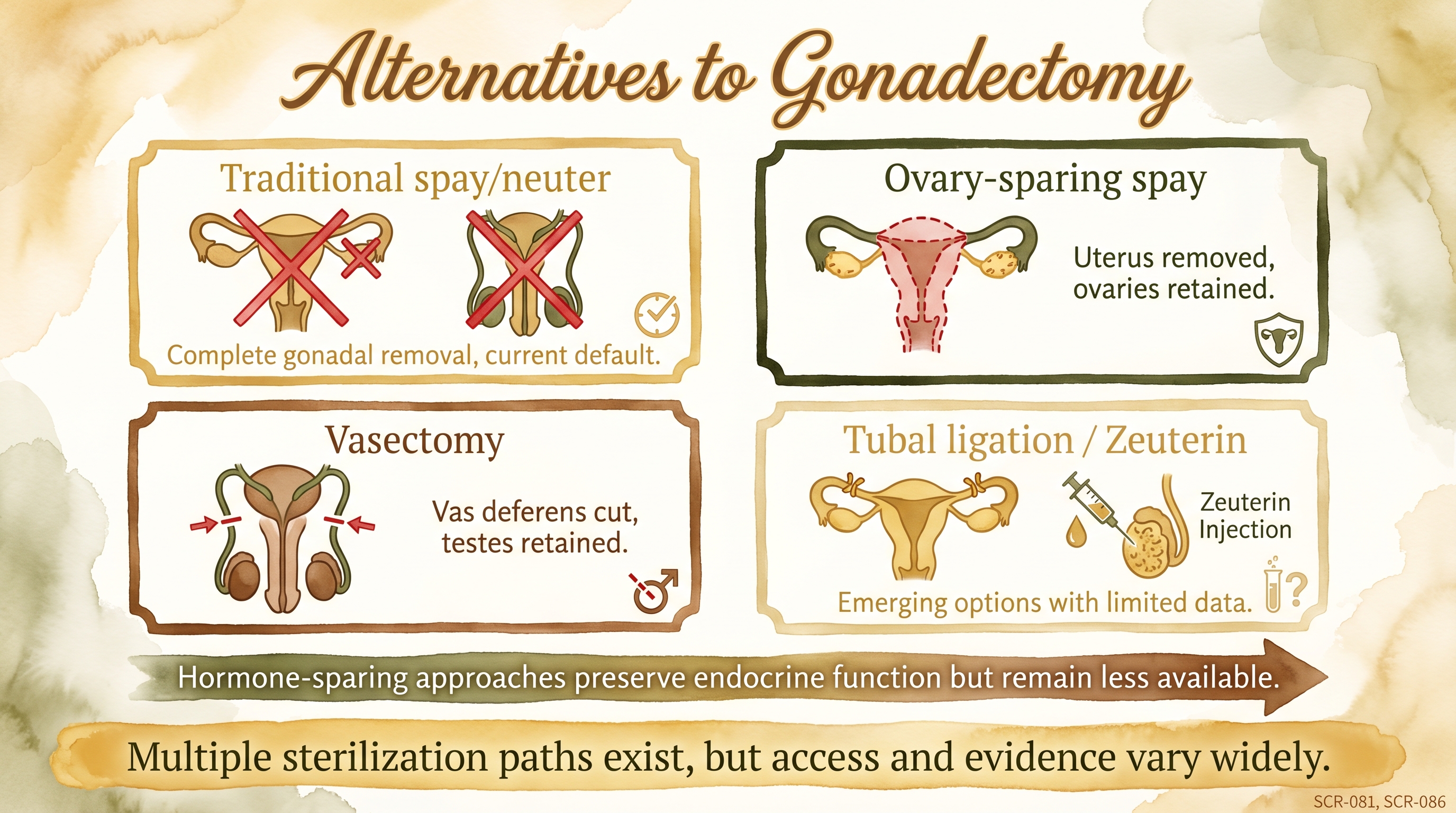 Infographic: Alternatives to traditional gonadectomy comparing four sterilization approaches - Just Behaving Wiki