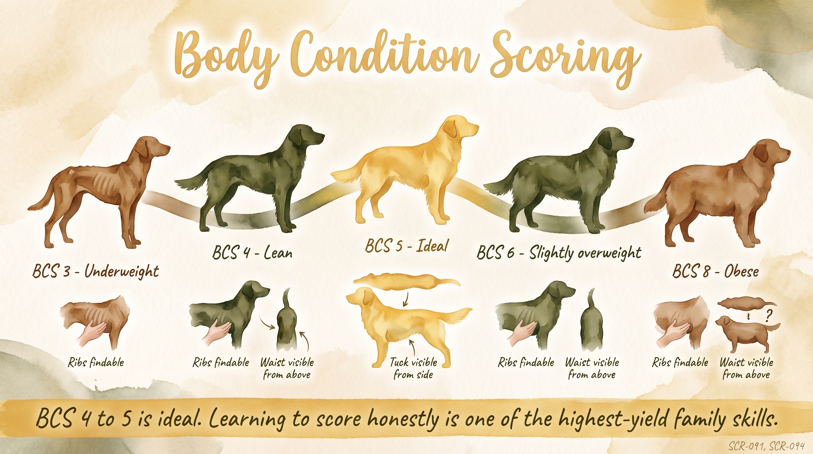 Infographic: Body condition scoring showing 9-point BCS scale with five progression silhouettes - Just Behaving Wiki