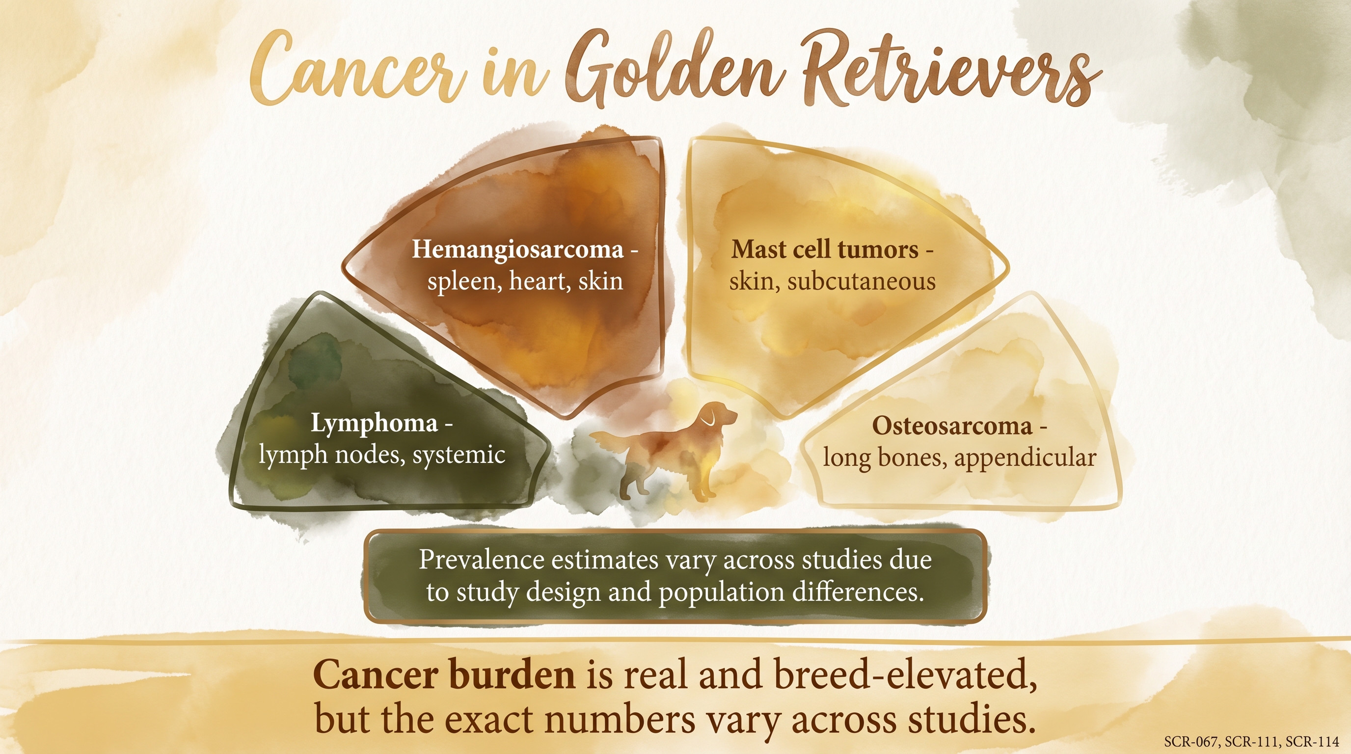 Infographic: Cancer in Golden Retrievers showing distribution of four major cancer types - Just Behaving Wiki