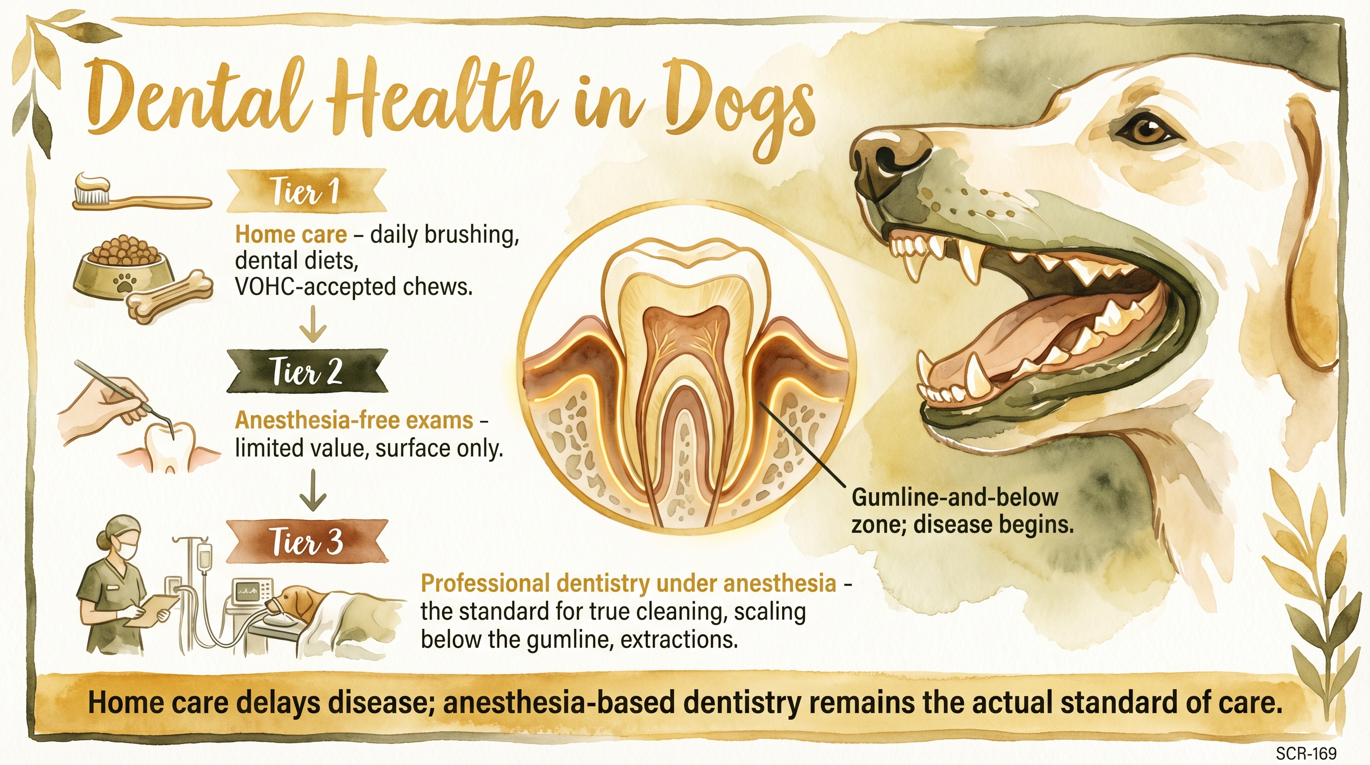Infographic: Dental health in dogs showing three care tiers from home care to professional dentistry - Just Behaving Wiki