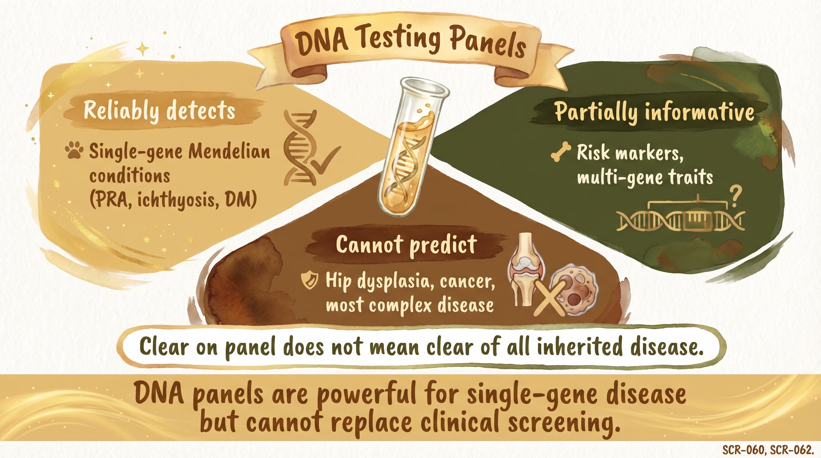 Infographic: DNA testing panels showing three outcome categories from reliable to unable to predict - Just Behaving Wiki
