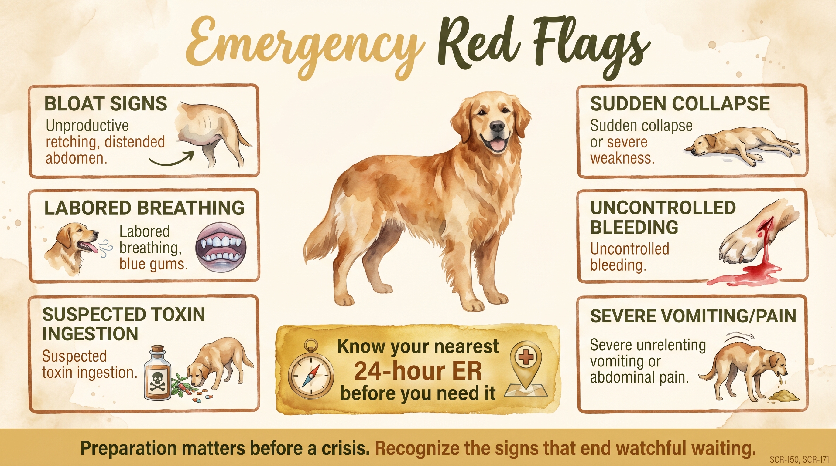 Infographic: Emergency red flags showing six critical emergency signs for dog families - Just Behaving Wiki