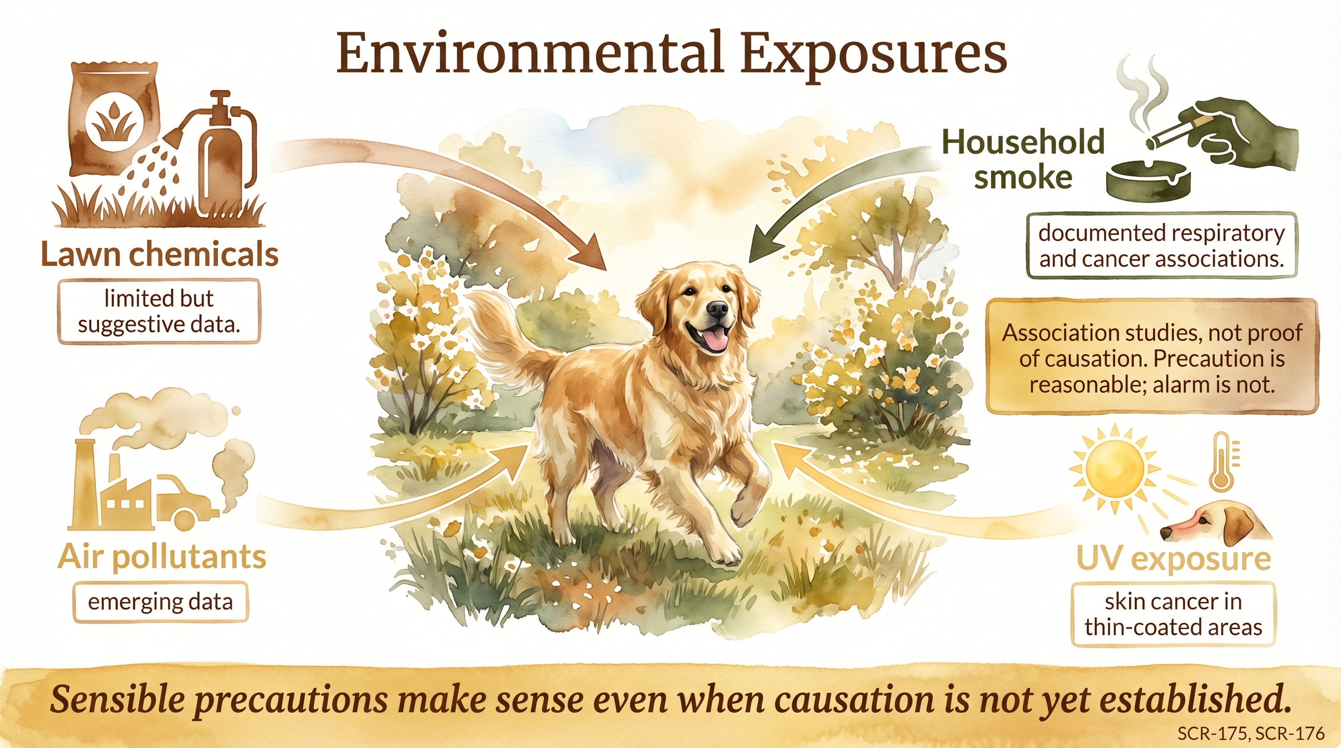 Infographic: Environmental exposures showing four exposure sources affecting dog health - Just Behaving Wiki