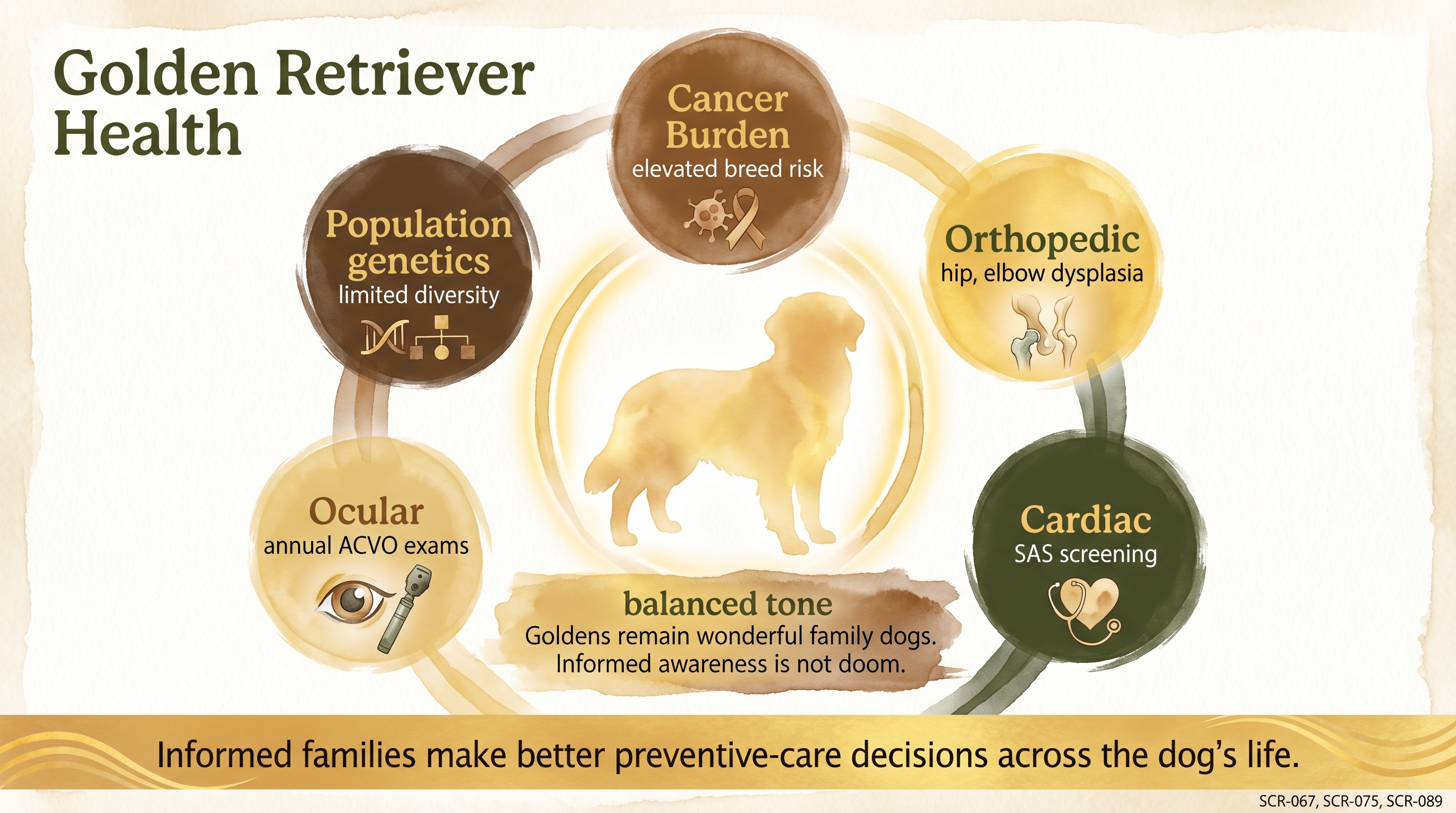 Infographic: Golden Retriever health overview showing five concern domains from cancer to population genetics - Just Behaving Wiki