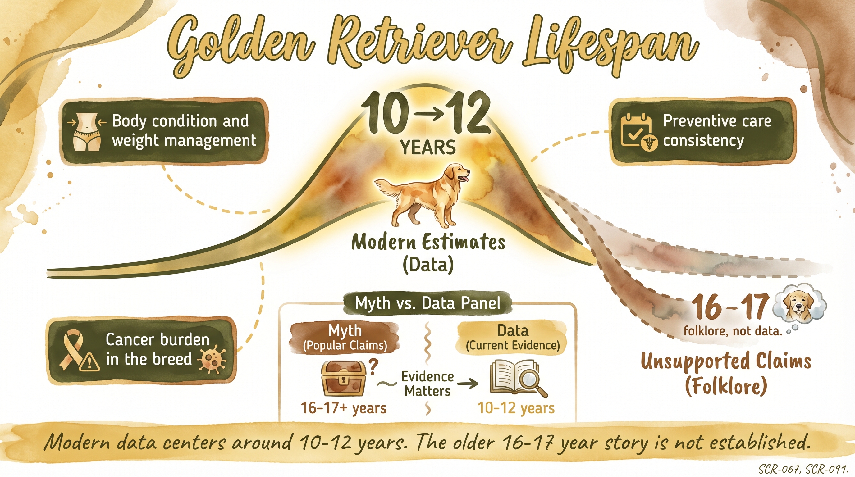 Infographic: Golden Retriever lifespan showing modern 10-12 year data versus older folklore claims - Just Behaving Wiki