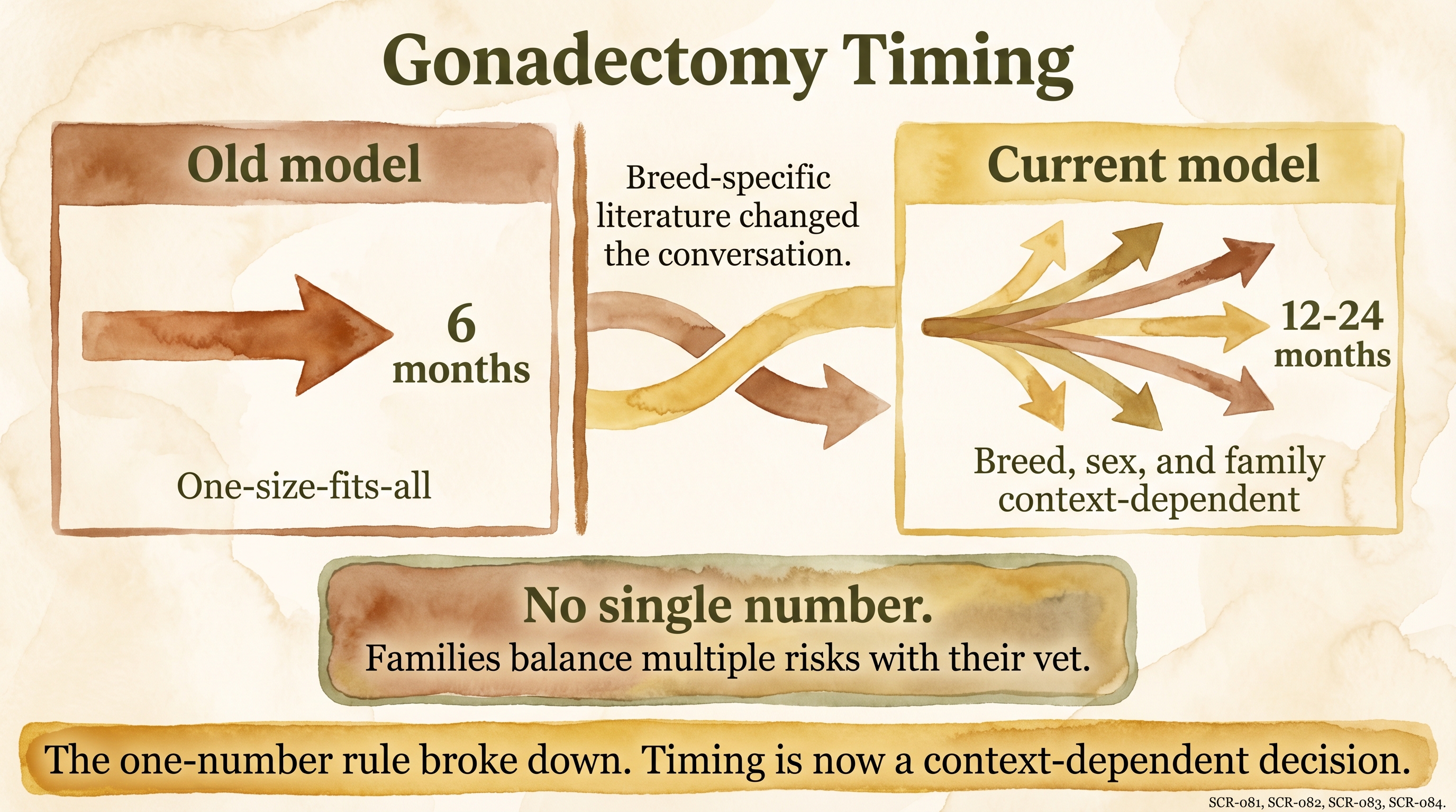 Infographic: Gonadectomy timing showing shift from one-size-fits-all to context-dependent model - Just Behaving Wiki