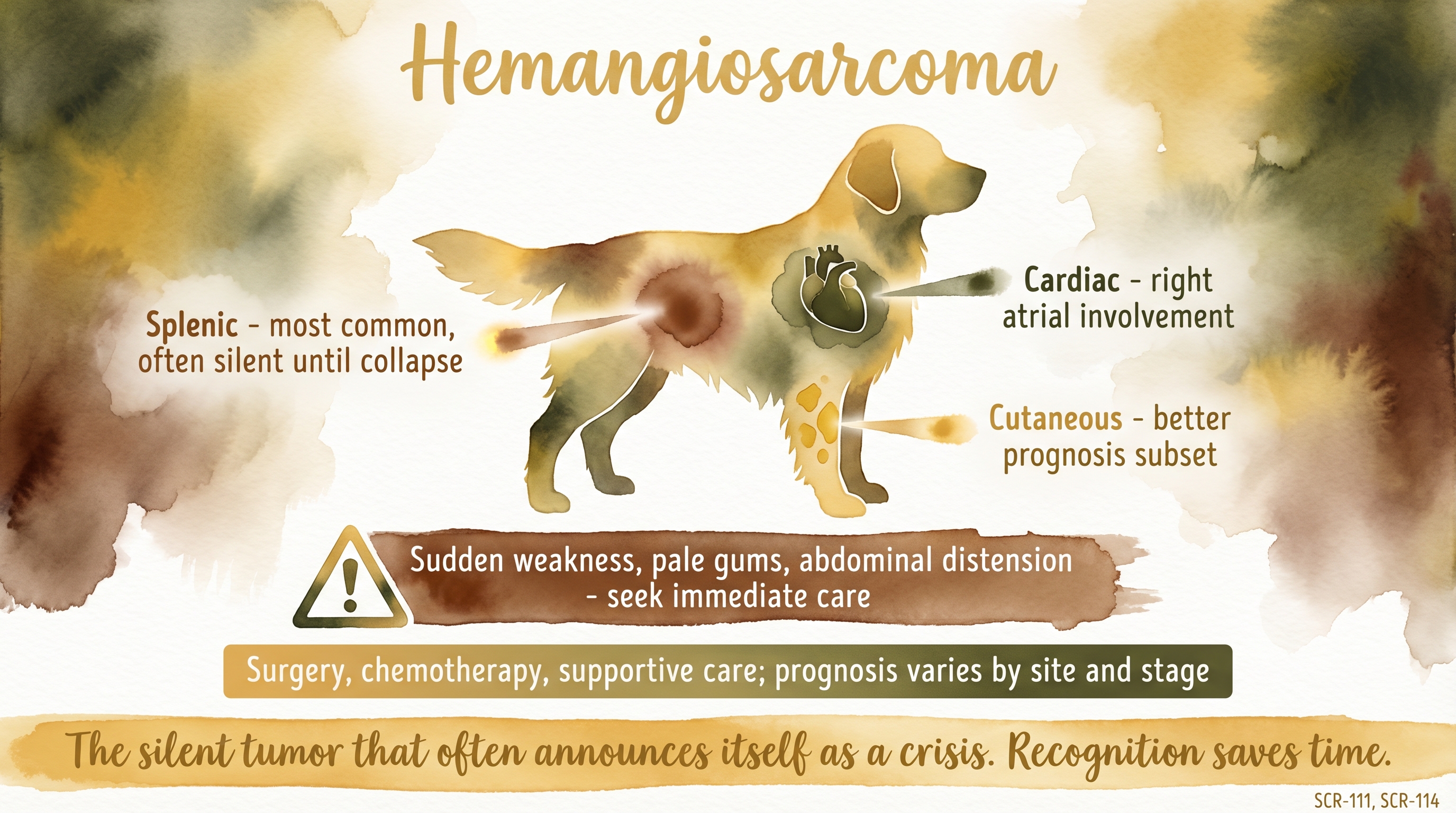 Infographic: Hemangiosarcoma showing three common tumor sites with warning signs - Just Behaving Wiki