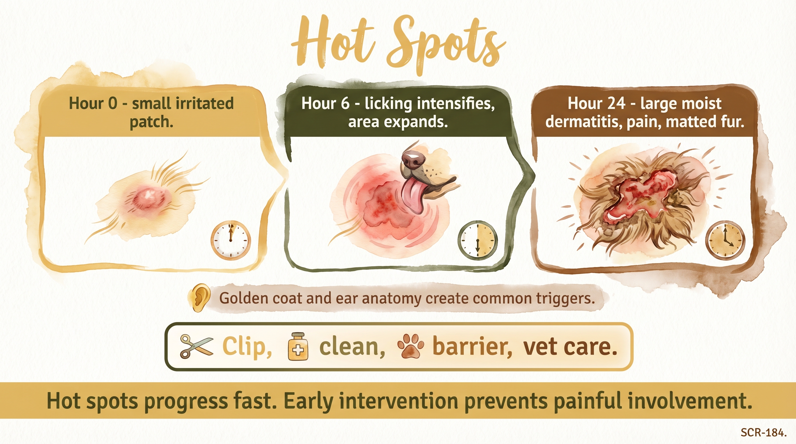 Infographic: Hot spots showing 24-hour progression from small patch to severe dermatitis - Just Behaving Wiki