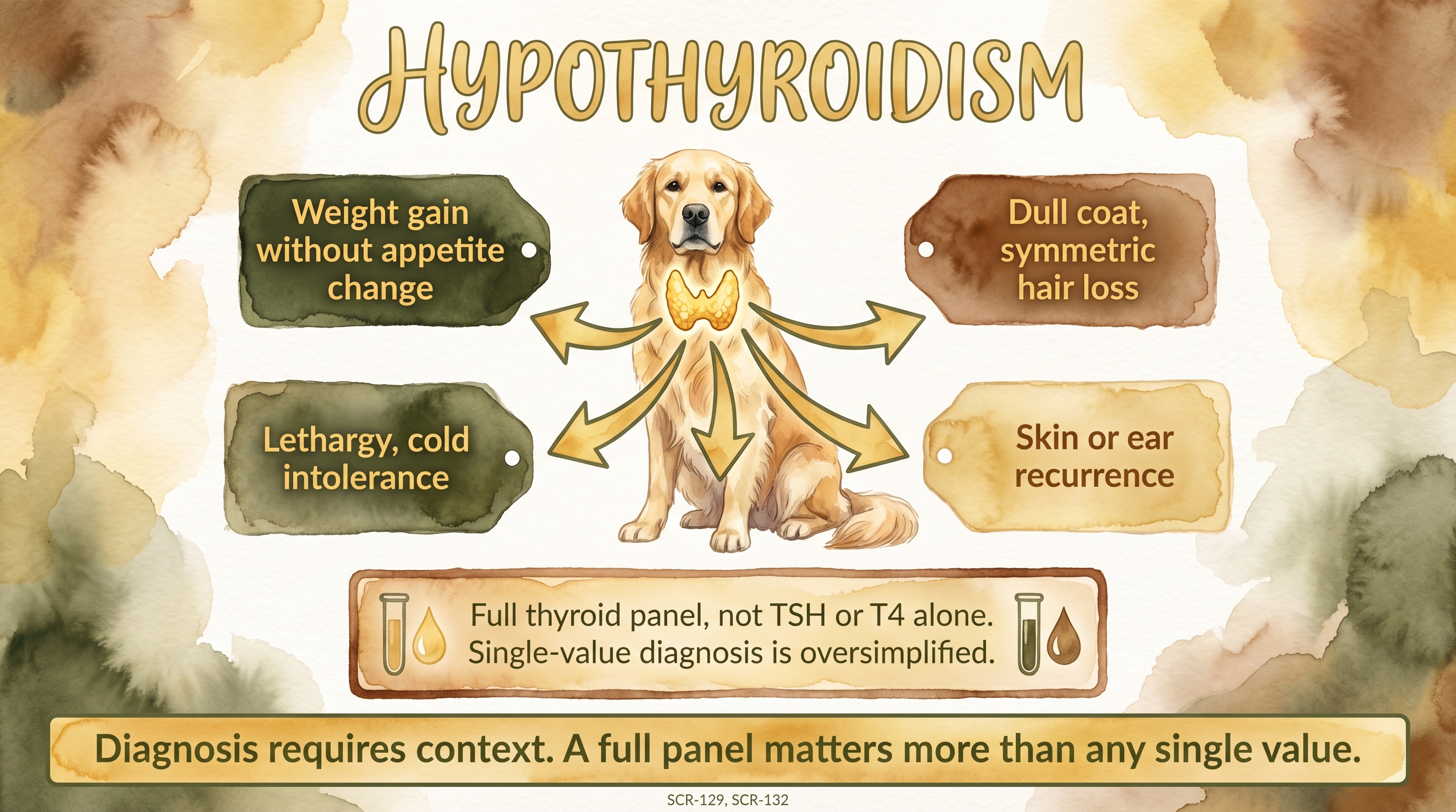 Infographic: Hypothyroidism showing thyroid gland with four clinical signs in dogs - Just Behaving Wiki