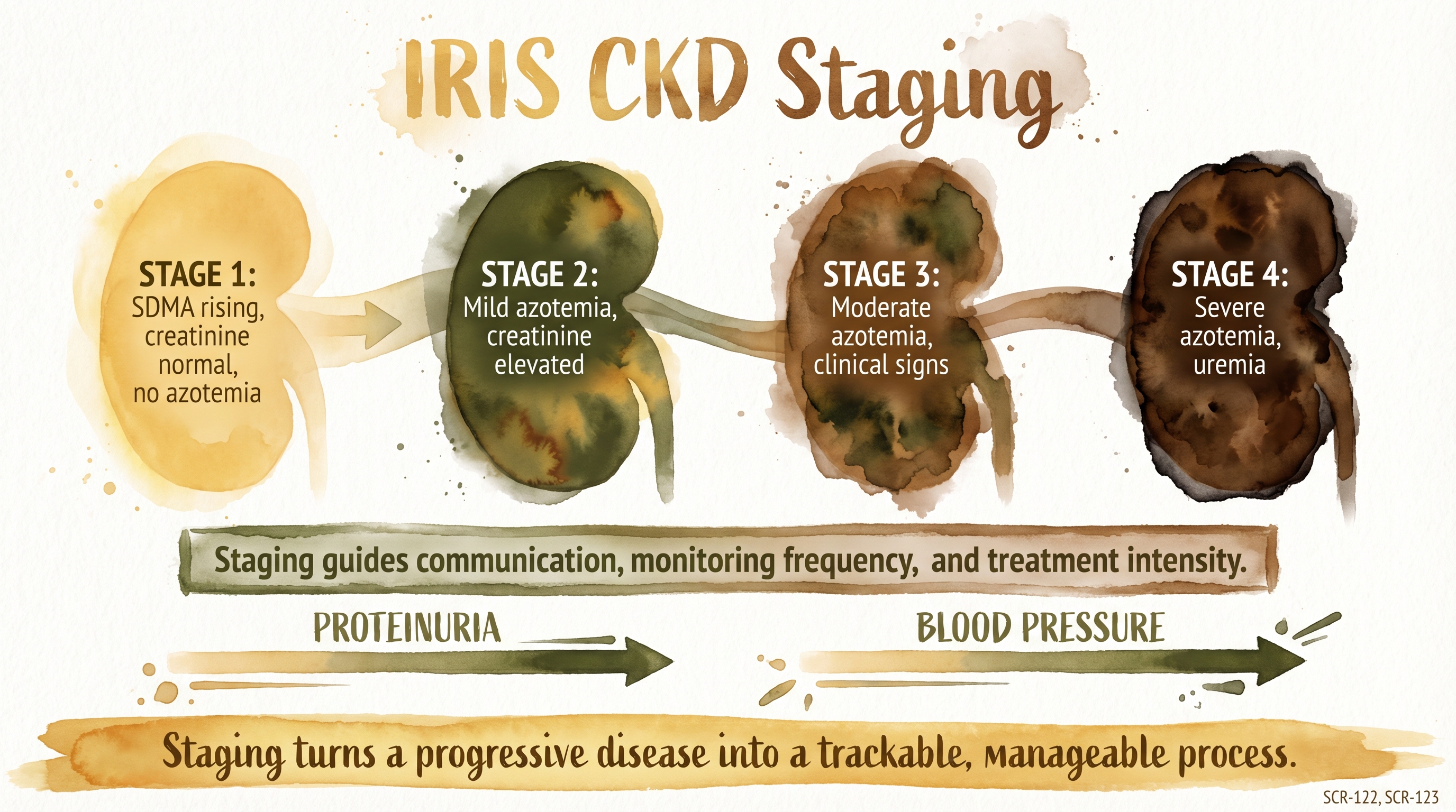 Infographic: IRIS CKD staging showing four-stage progression with proteinuria and blood pressure sub-staging - Just Behaving Wiki