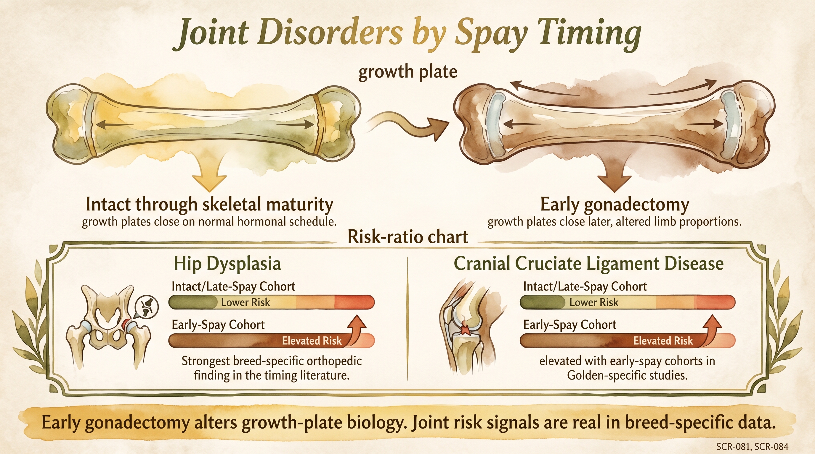 Infographic: Joint disorders by spay timing showing growth plate biology and elevated orthopedic risk - Just Behaving Wiki