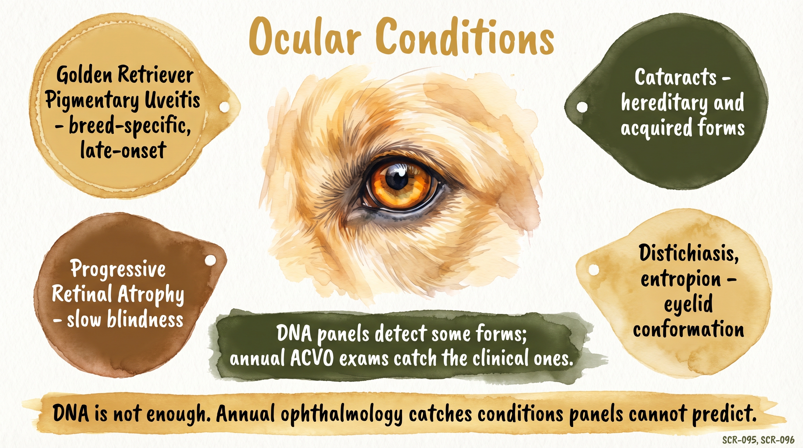 Infographic: Ocular conditions showing four eye disorders common in Golden Retrievers - Just Behaving Wiki