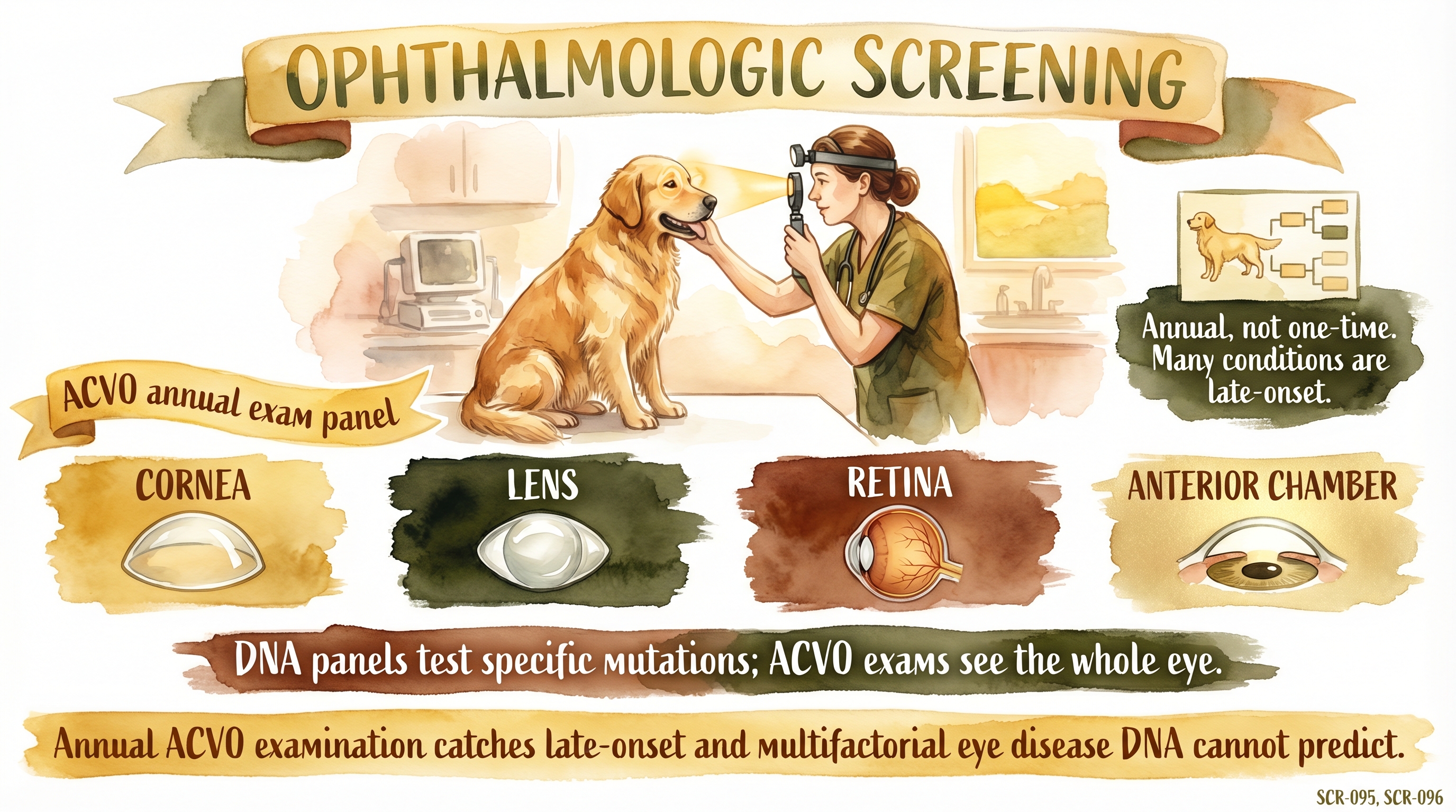 Infographic: Ophthalmologic screening showing ACVO exam with four examined eye structures - Just Behaving Wiki