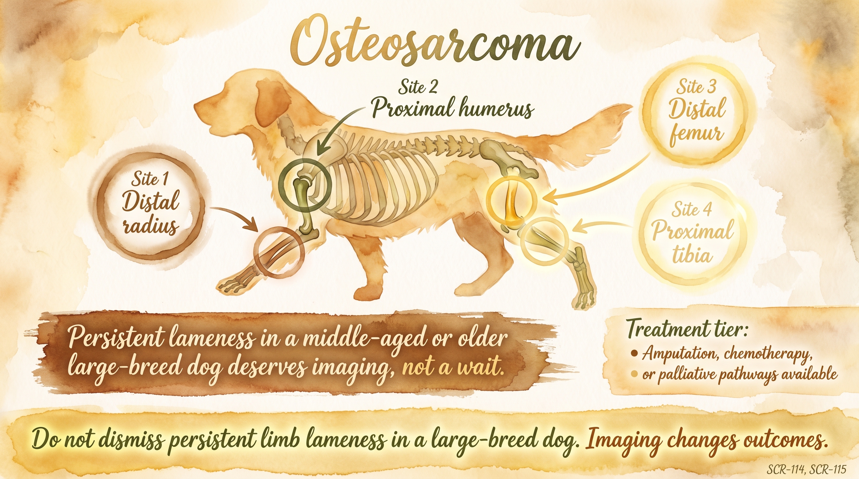 Infographic: Osteosarcoma showing four common appendicular skeleton sites with lameness warning - Just Behaving Wiki