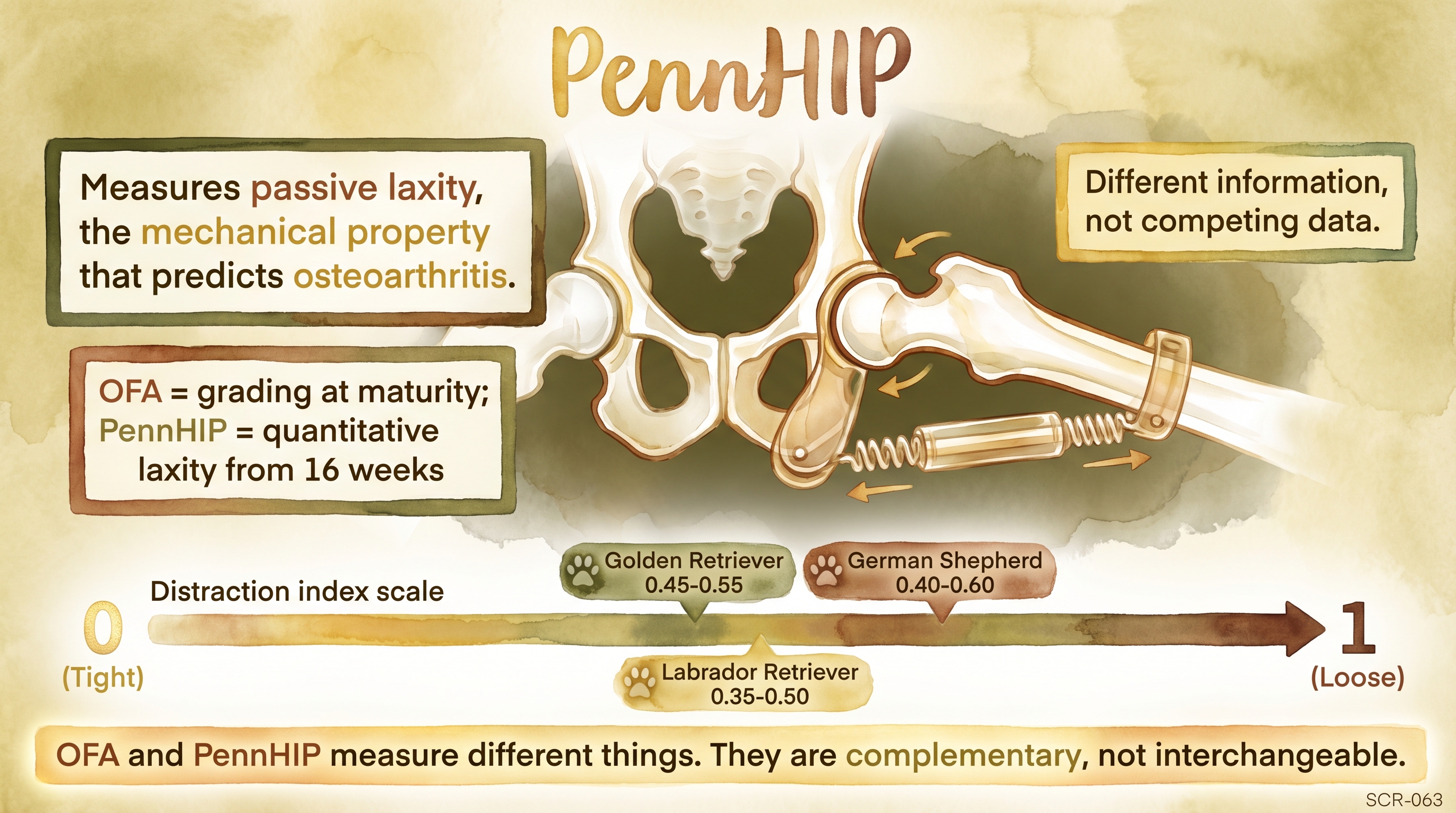 Infographic: PennHIP showing distraction index measurement and comparison with OFA grading - Just Behaving Wiki
