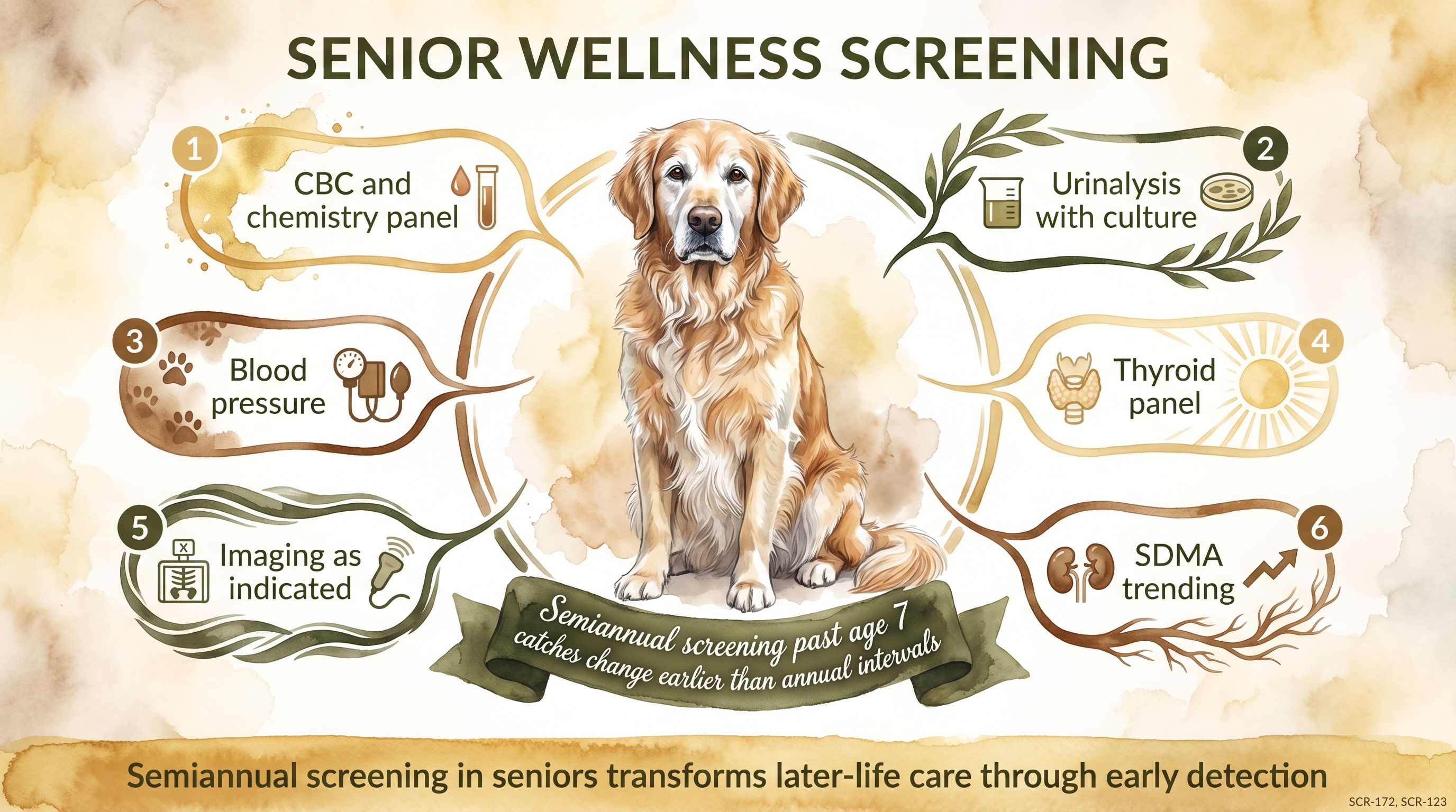 Infographic: Senior wellness screening showing six screening elements with semiannual cadence - Just Behaving Wiki