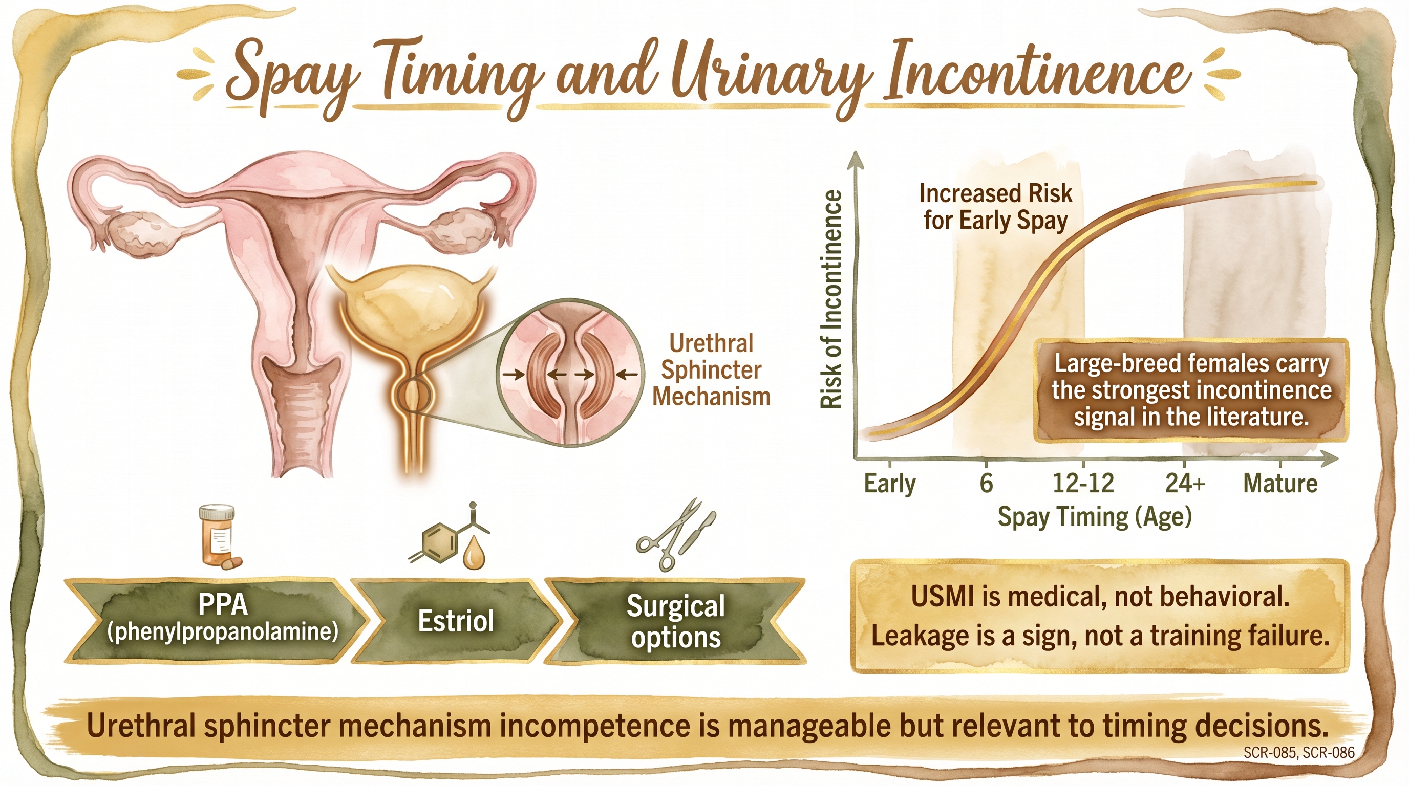 Infographic: Spay timing and urinary incontinence showing urethral sphincter mechanism with timing risk curve - Just Behaving Wiki