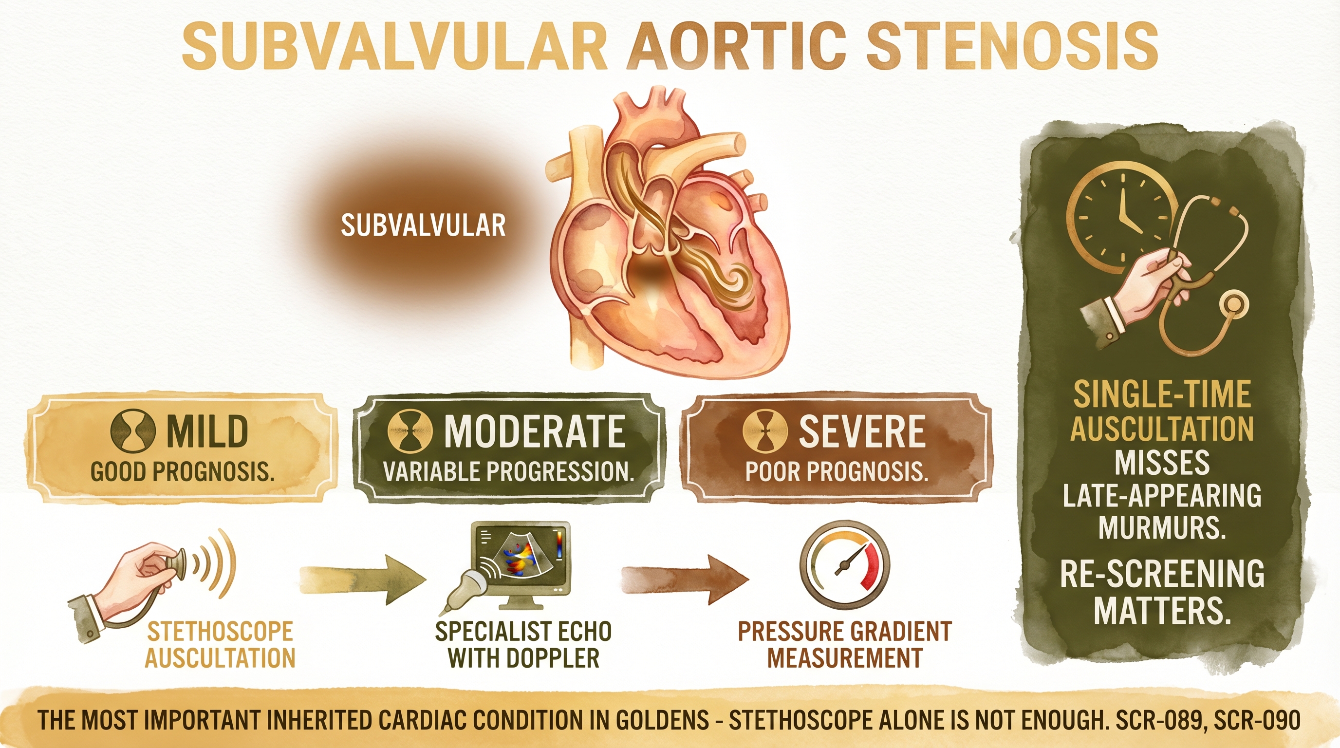 Infographic: Subvalvular aortic stenosis showing narrowed outflow tract with severity tiers and screening progression - Just Behaving Wiki