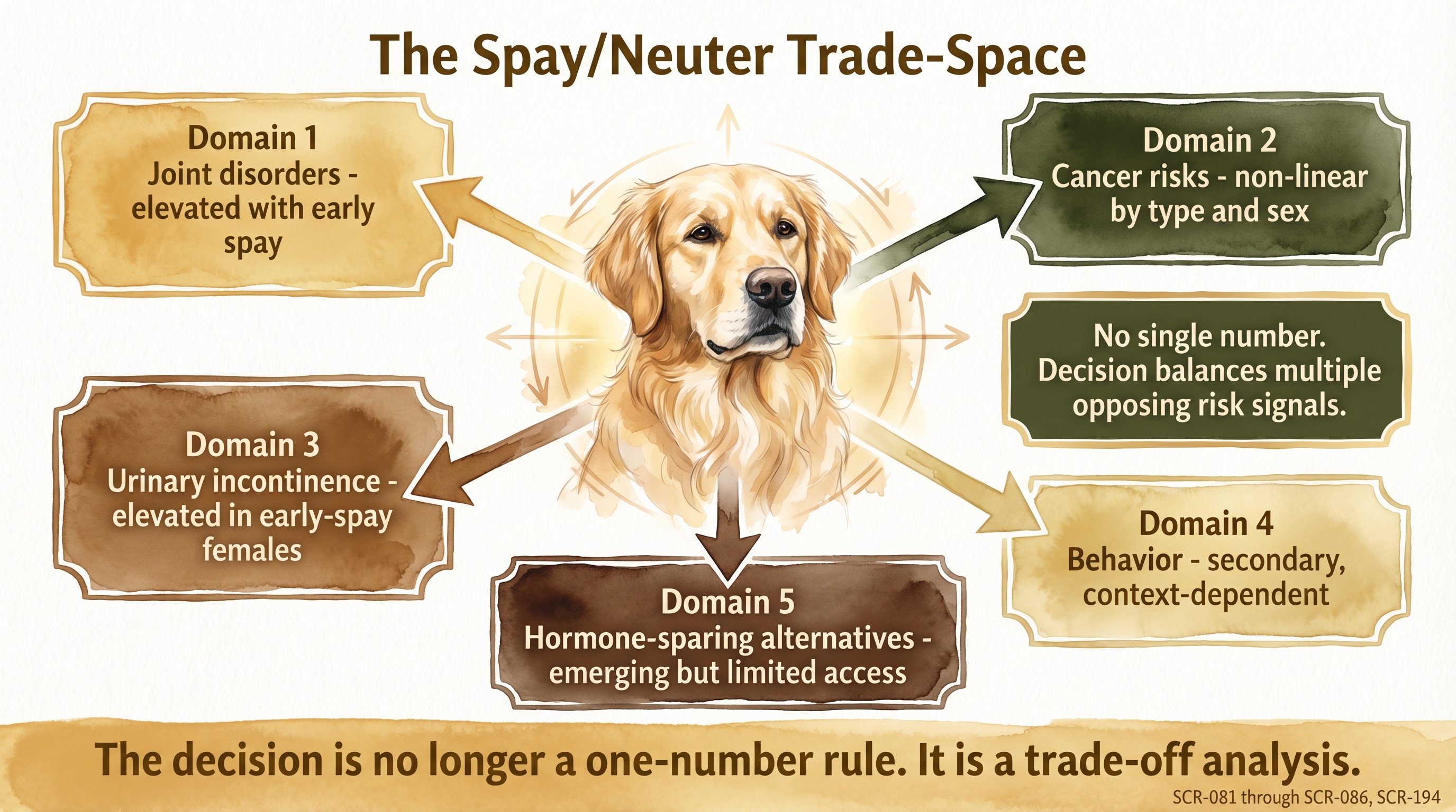 Infographic: Spay neuter trade-space showing five competing risk domains with synthesis - Just Behaving Wiki