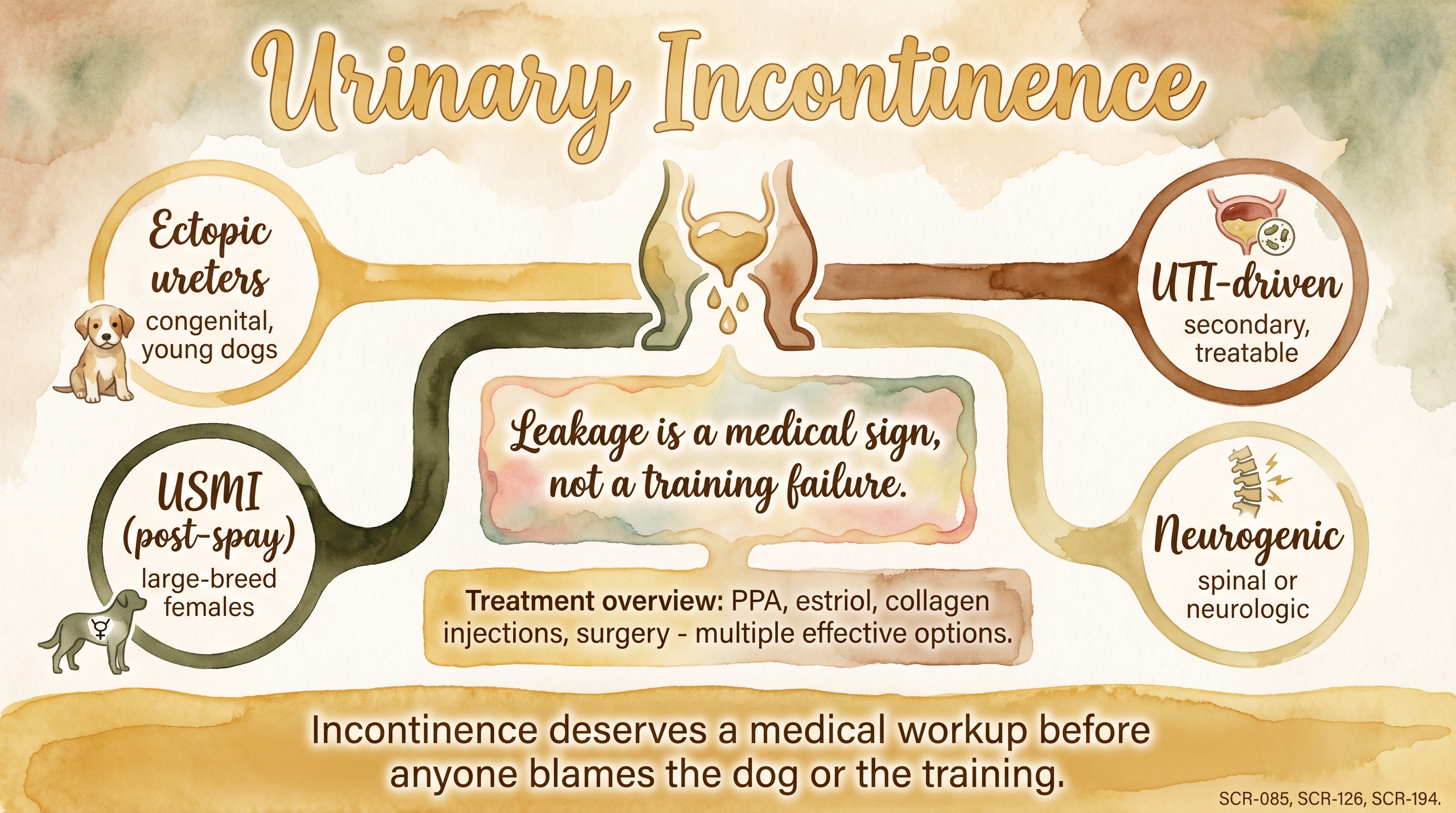 Infographic: Urinary incontinence showing four causal branches with medical workup emphasis - Just Behaving Wiki