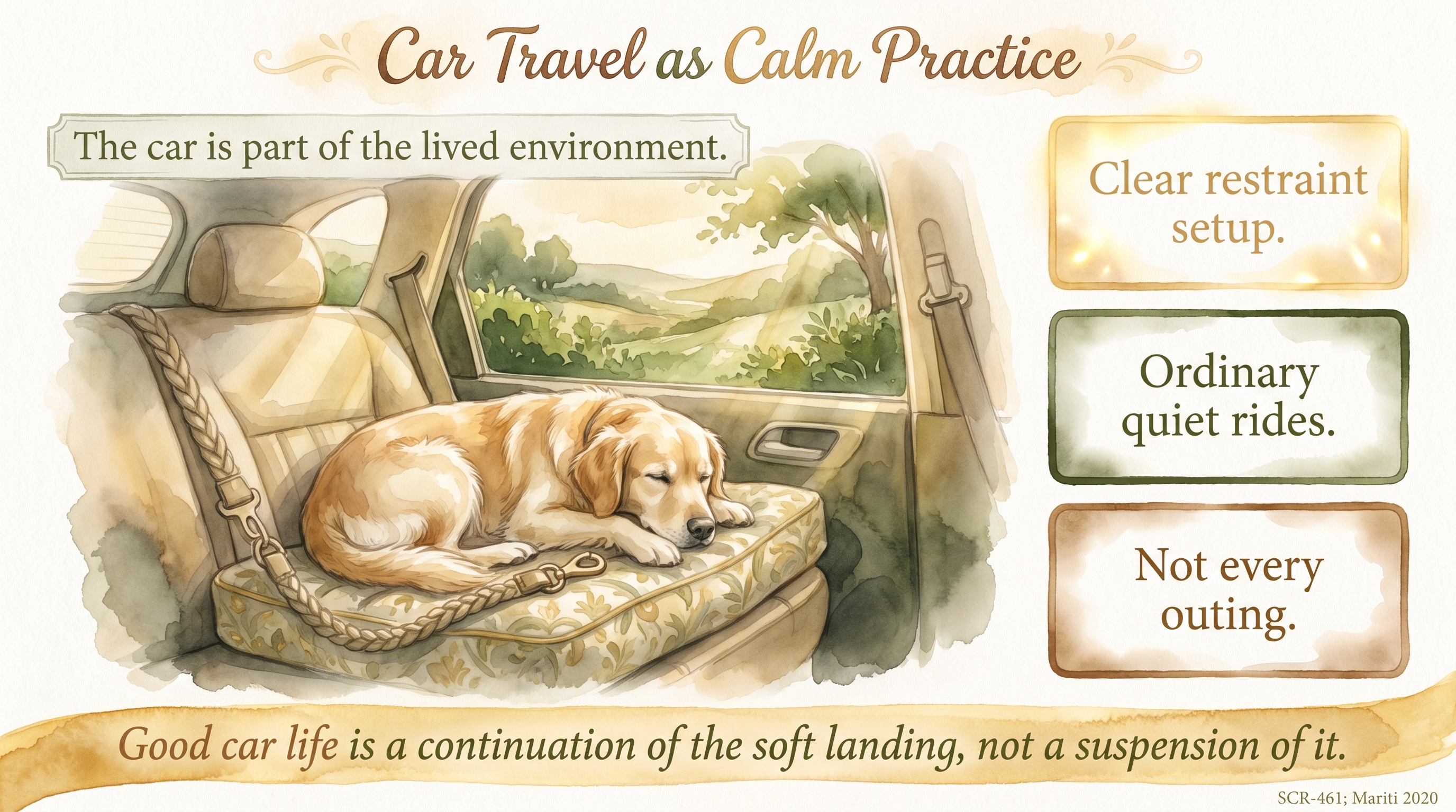 Infographic: Car Travel as Calm Practice - how to carry a calm Golden Retriever through car rides - Just Behaving Wiki