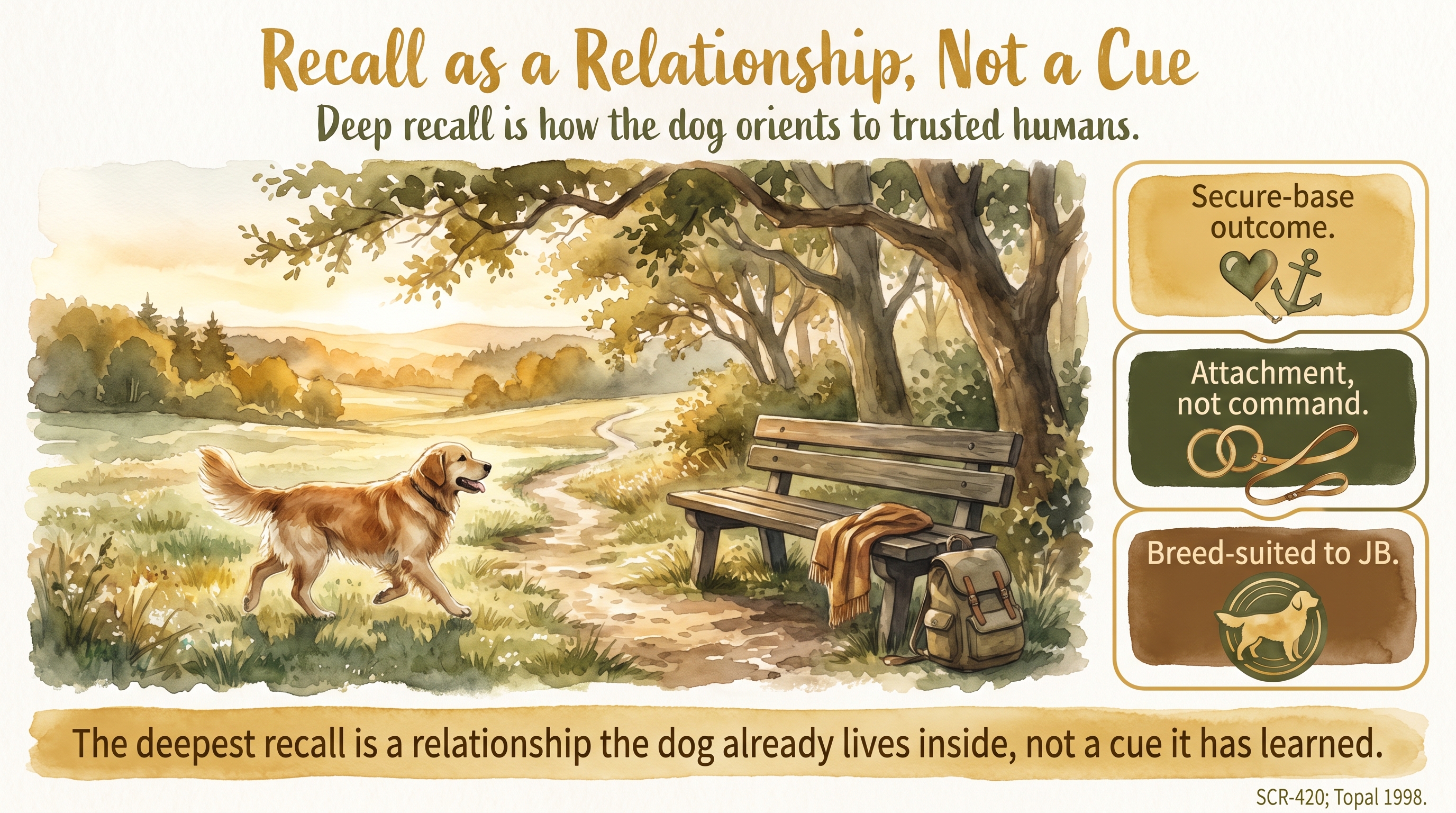Infographic: Recall as a Relationship, Not a Cue - why JB treats recall as an attachment outcome first - Just Behaving Wiki