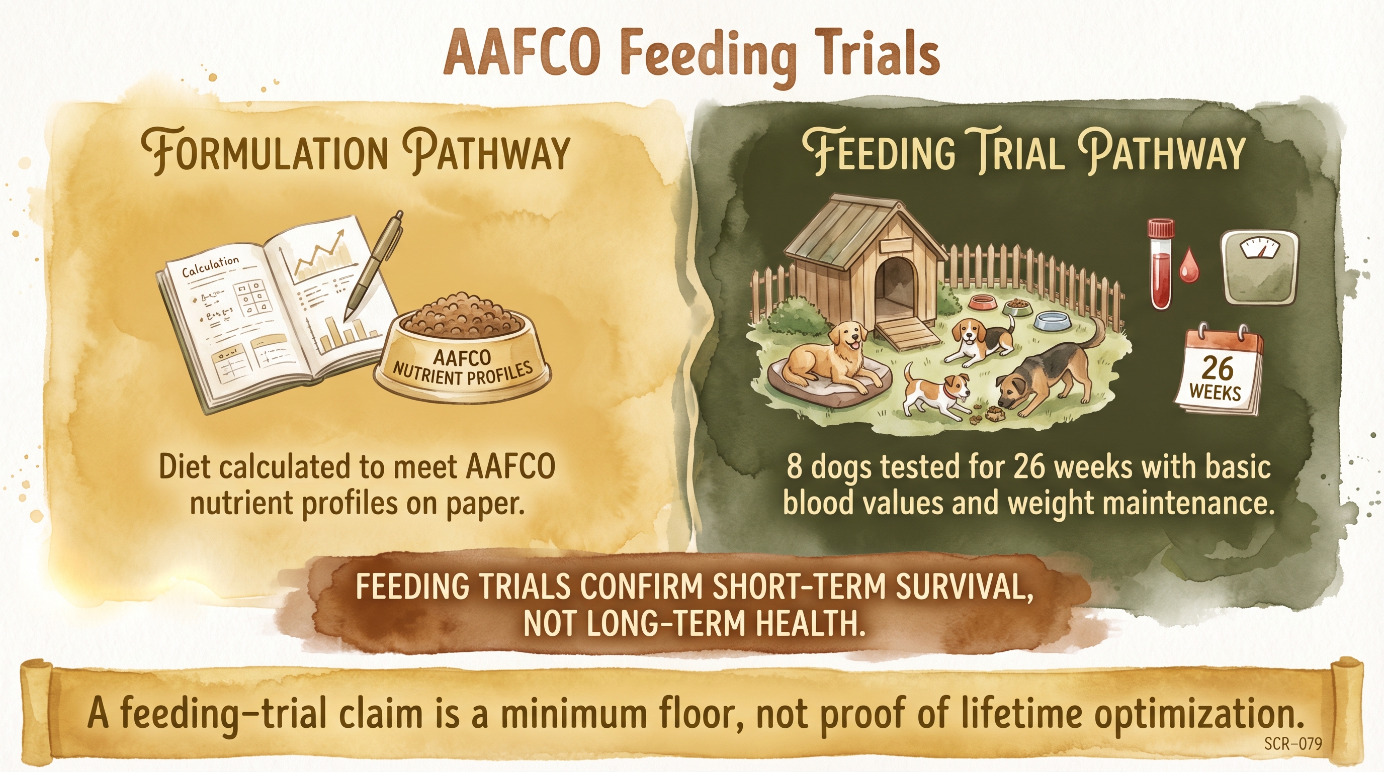 Infographic: AAFCO feeding trials contrasting formulation pathway and feeding trial pathway for dog food adequacy - Just Behaving Wiki