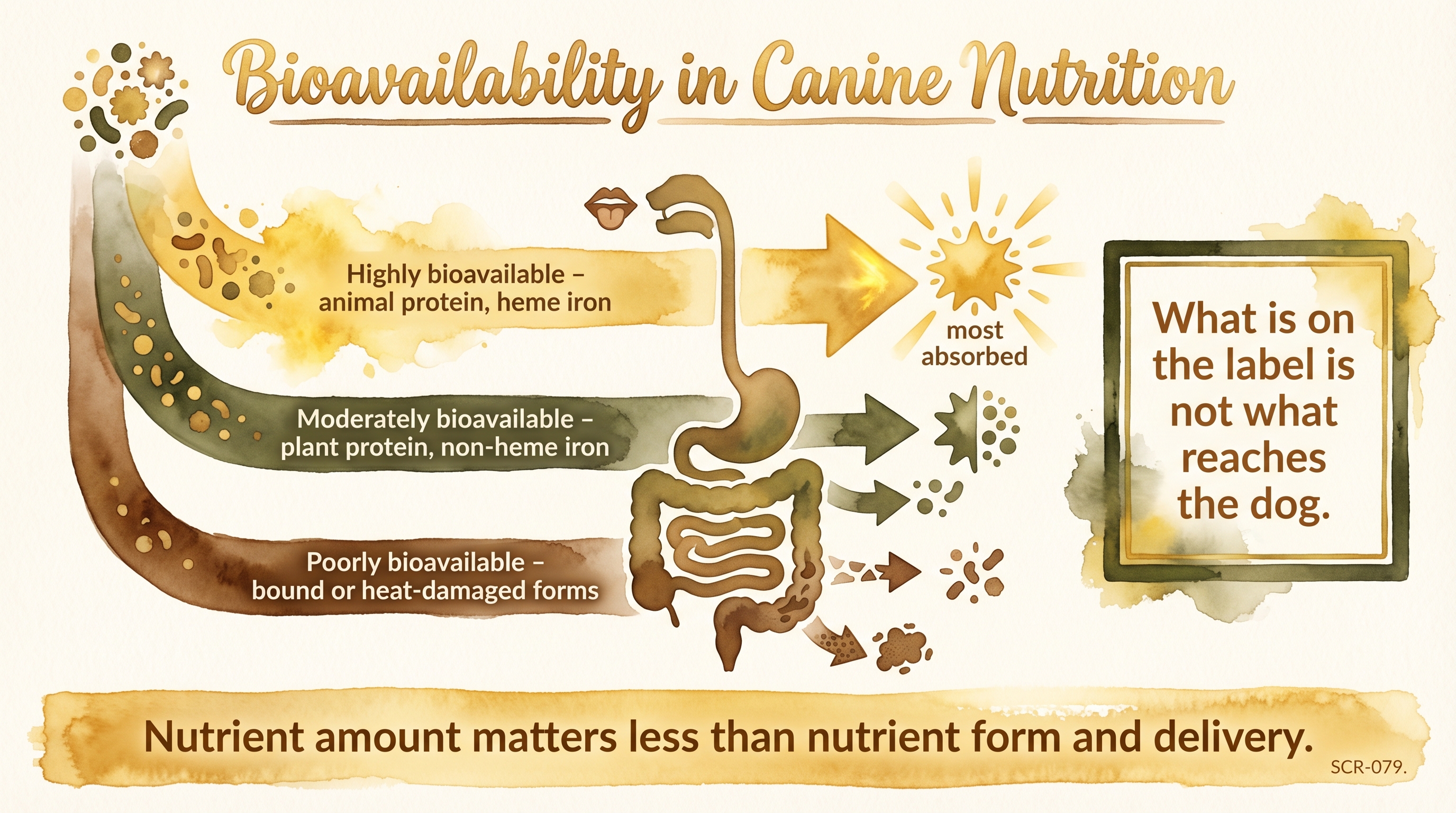 Infographic: Bioavailability in canine nutrition showing three absorption paths from highly to poorly bioavailable - Just Behaving Wiki