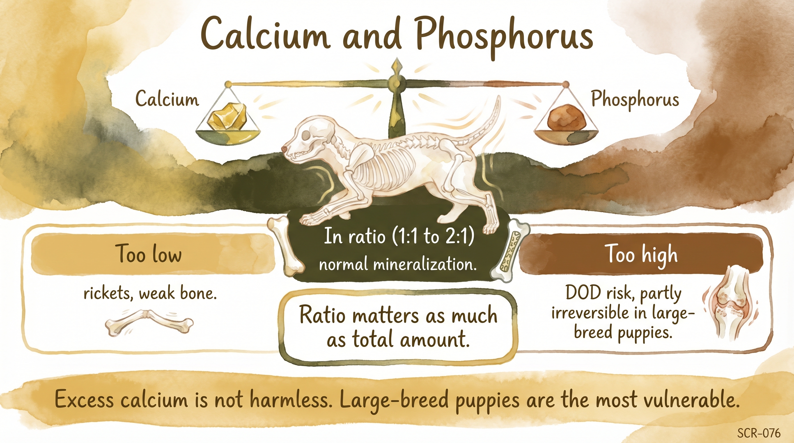 Infographic: Calcium and phosphorus in dogs showing ratio balance and developmental risk zones - Just Behaving Wiki