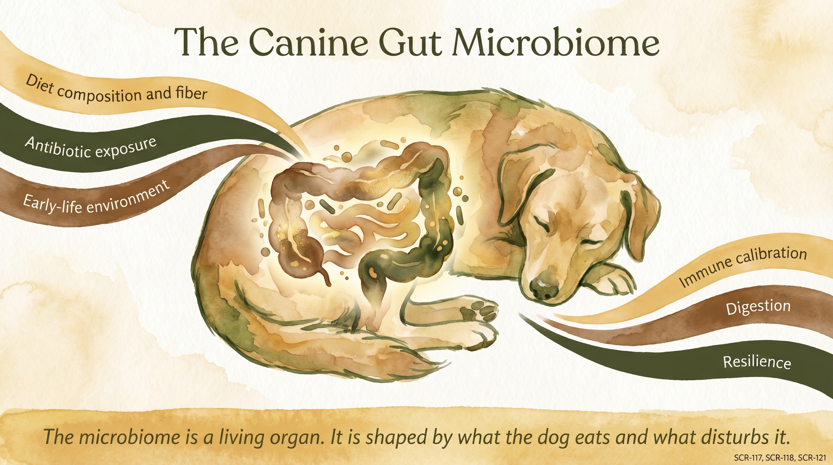 Infographic: The canine gut microbiome showing three inputs and three outputs shaping a living microbial organ - Just Behaving Wiki