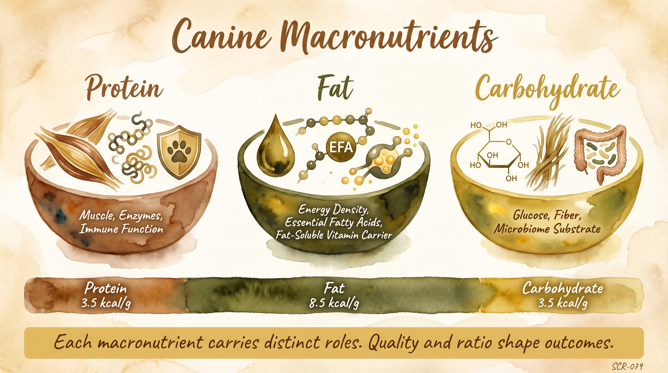 Infographic: Canine macronutrients showing protein fat and carbohydrate roles and caloric density - Just Behaving Wiki