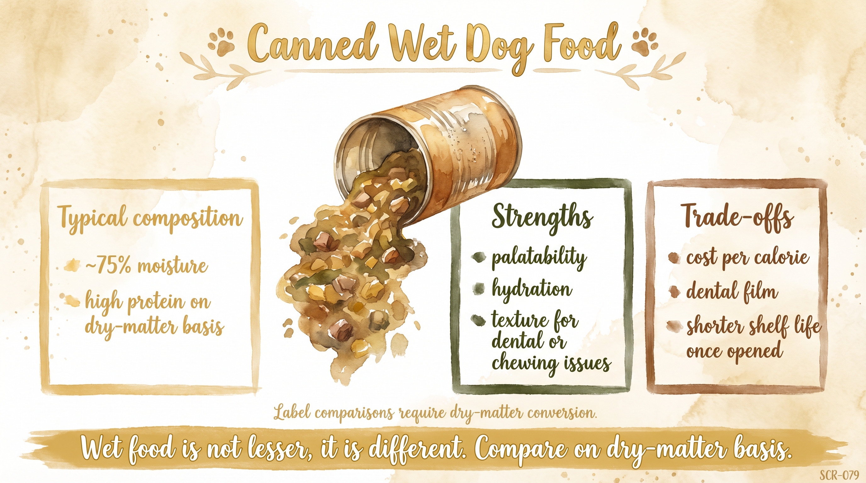 Infographic: Canned wet dog food showing composition strengths and trade-offs for moisture-rich diets - Just Behaving Wiki