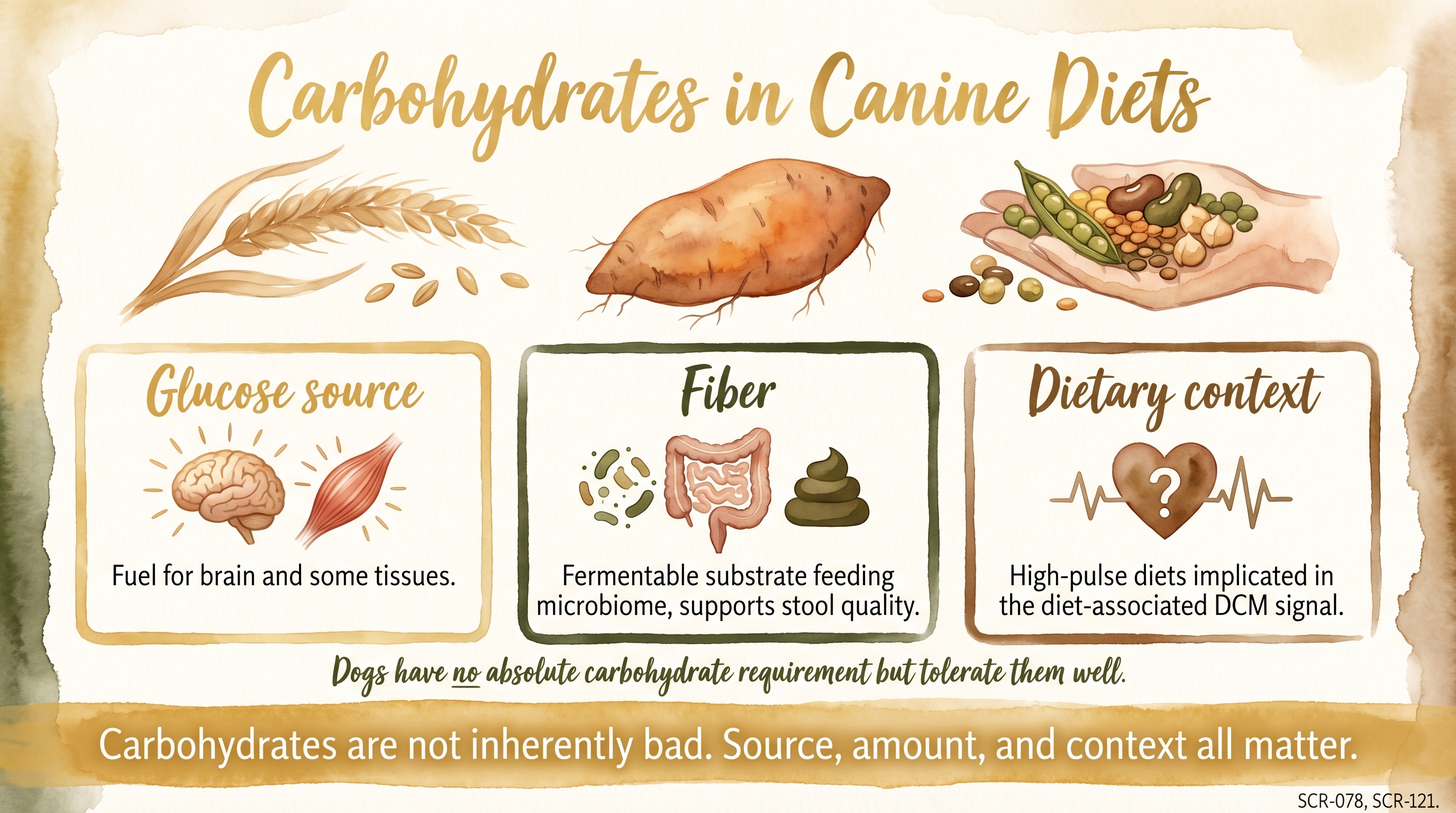 Infographic: Carbohydrates in canine diets showing glucose source fiber and dietary context considerations - Just Behaving Wiki