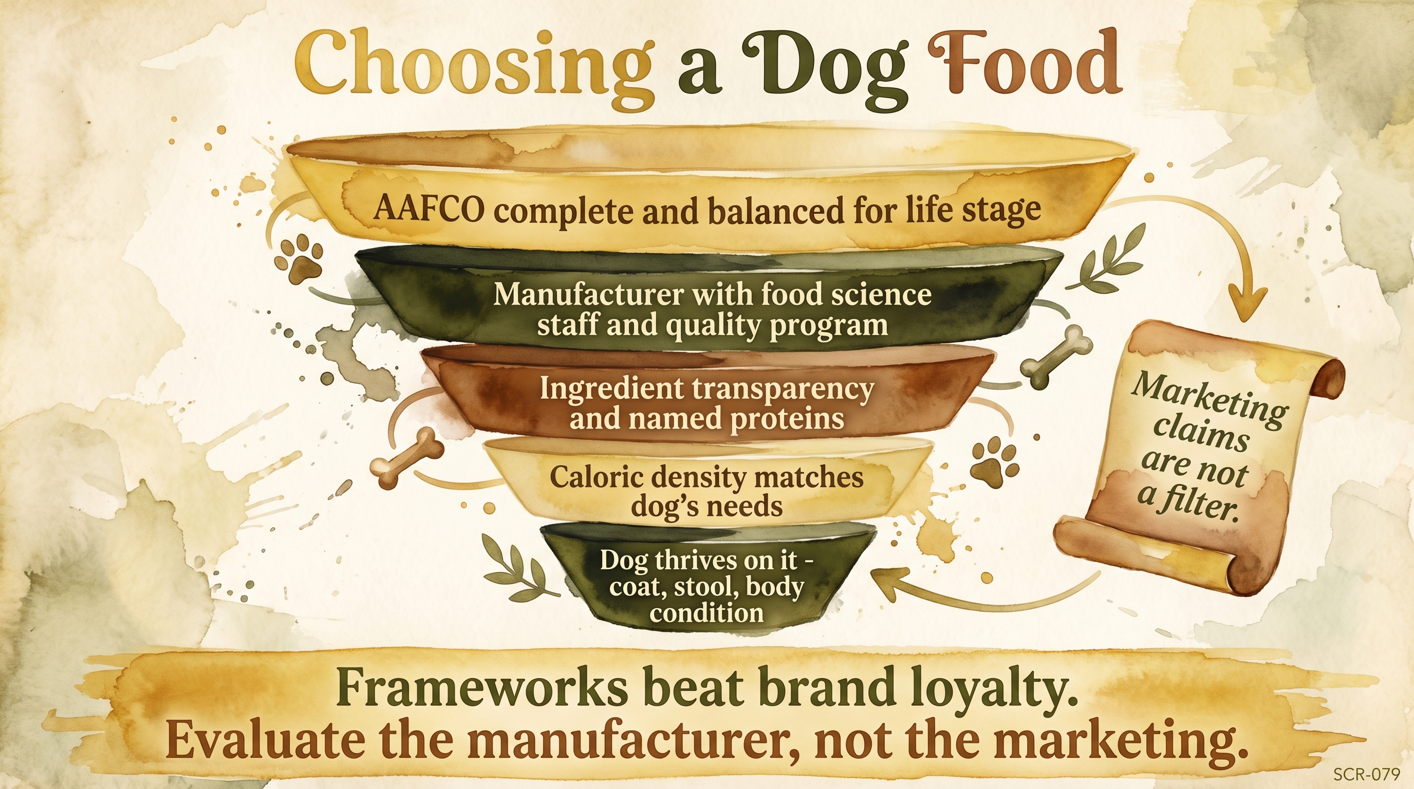 Infographic: Choosing a dog food framework showing five-filter decision funnel from AAFCO through thriving outcome - Just Behaving Wiki