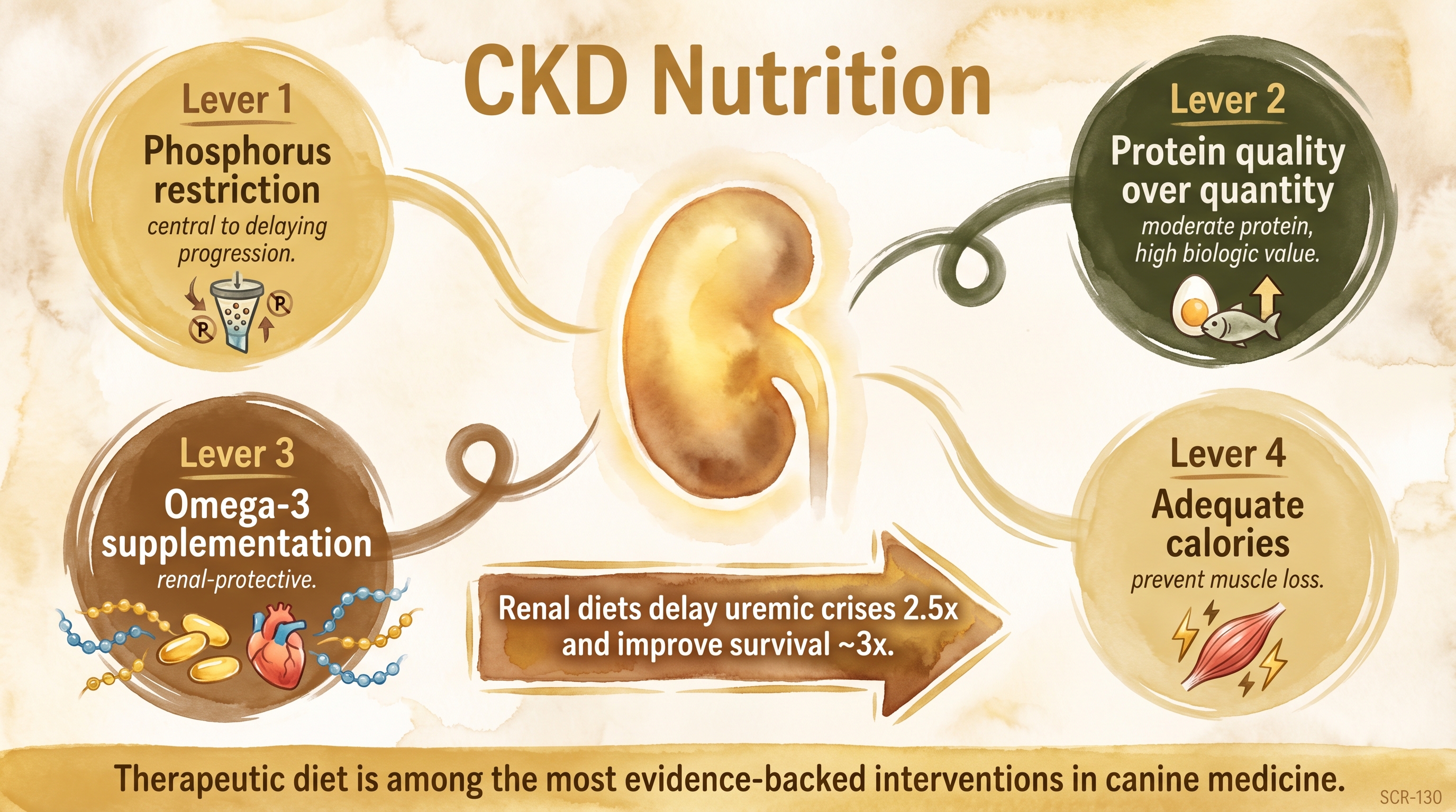 Infographic: Chronic kidney disease nutrition showing four dietary levers with documented survival benefit - Just Behaving Wiki