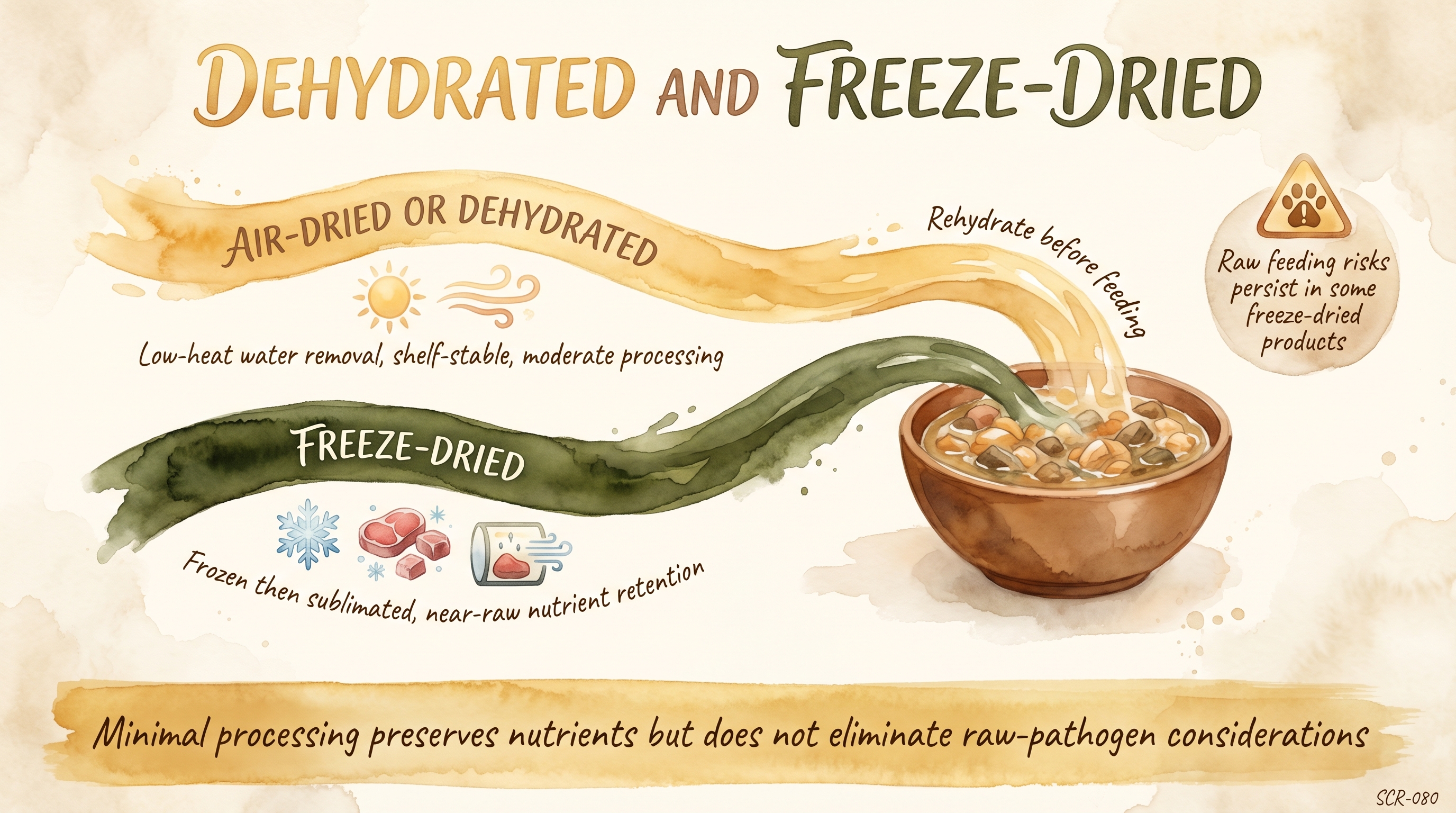 Infographic: Dehydrated and freeze-dried dog food comparing processing methods and raw-risk considerations - Just Behaving Wiki