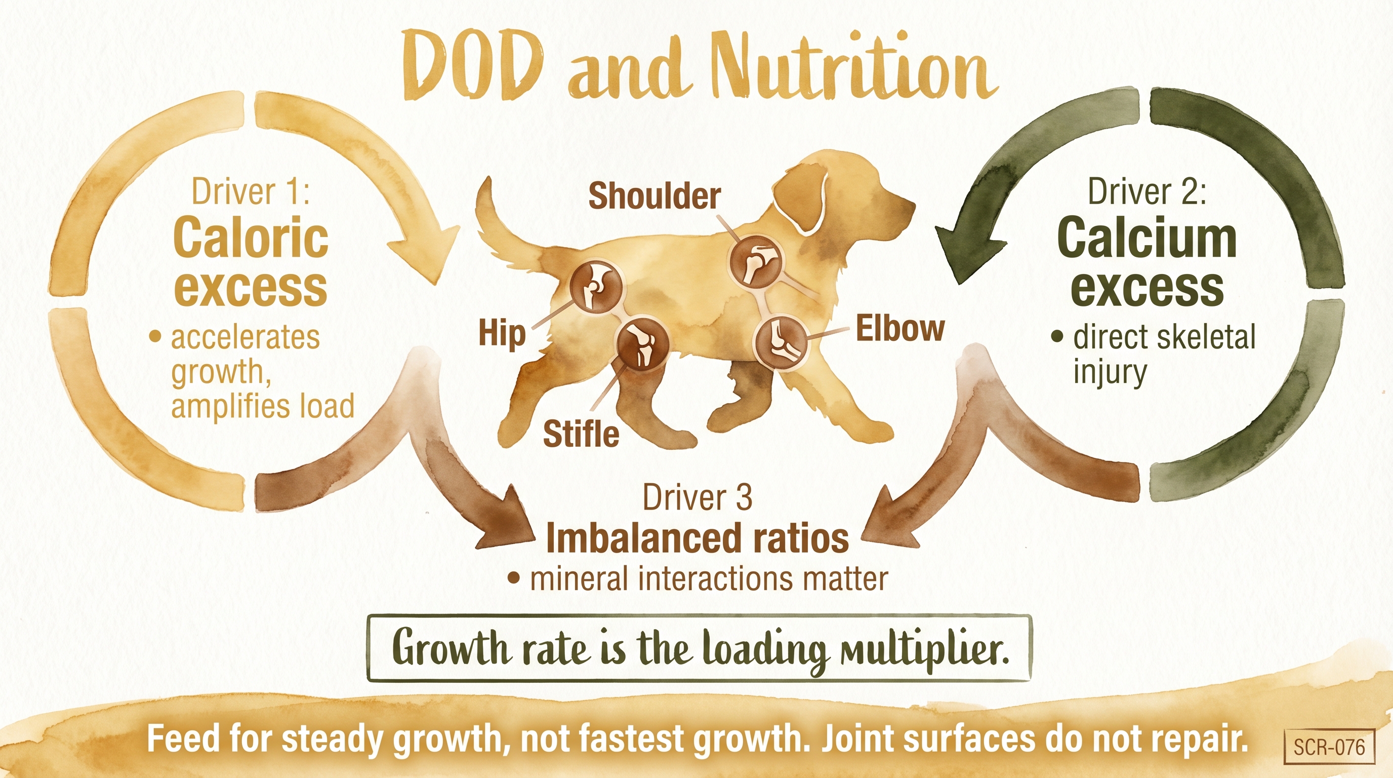 Infographic: DOD and nutrition showing three dietary drivers amplifying skeletal vulnerability in growing puppies - Just Behaving Wiki