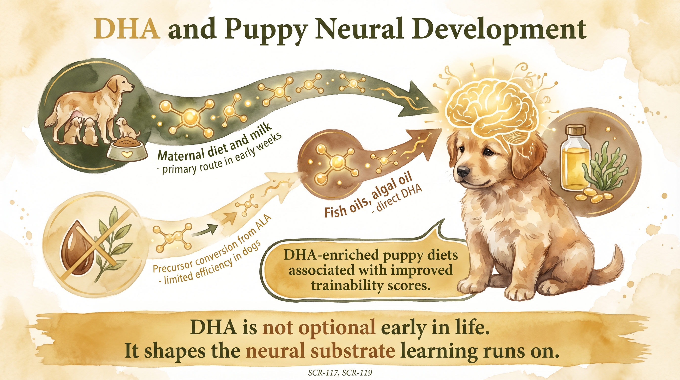 Infographic: DHA and puppy neural development showing three DHA sources and trainability outcome - Just Behaving Wiki