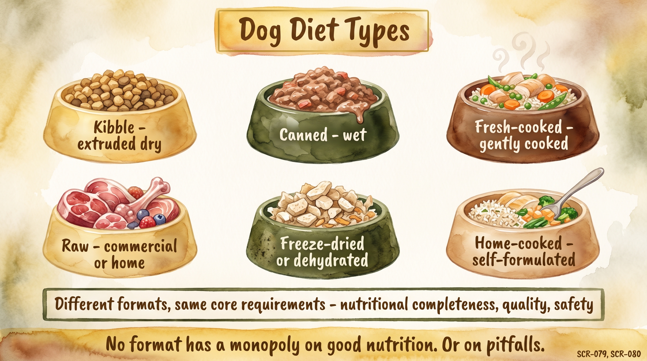 Infographic: Dog diet types overview showing six diet format tiles from kibble through home-cooked - Just Behaving Wiki